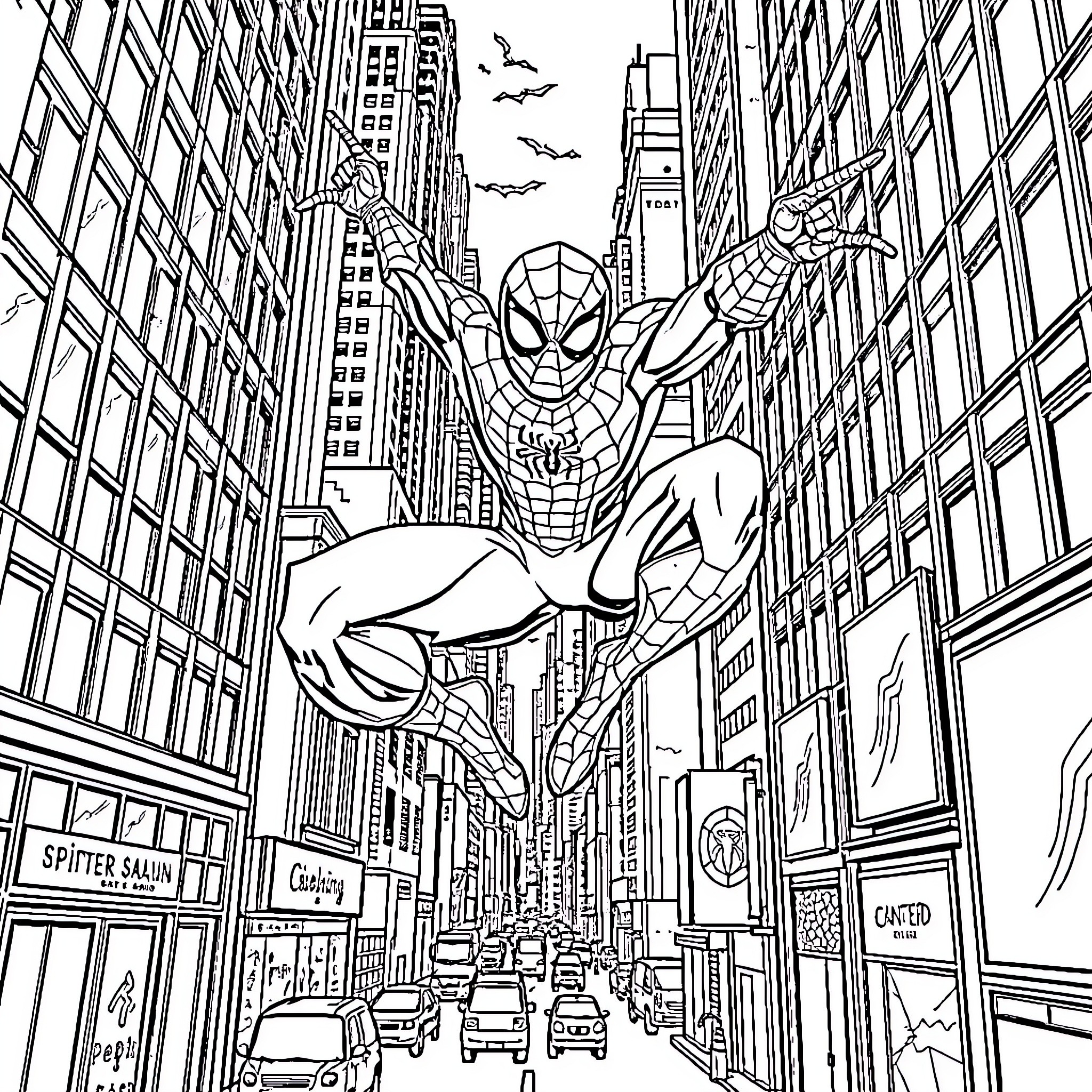 Spiderman swinging through the city skyline Coloring Page (free black-and-white line drawing printable PDF for all, from beginners to advanced learners, including children, teens, adults, and seniors)