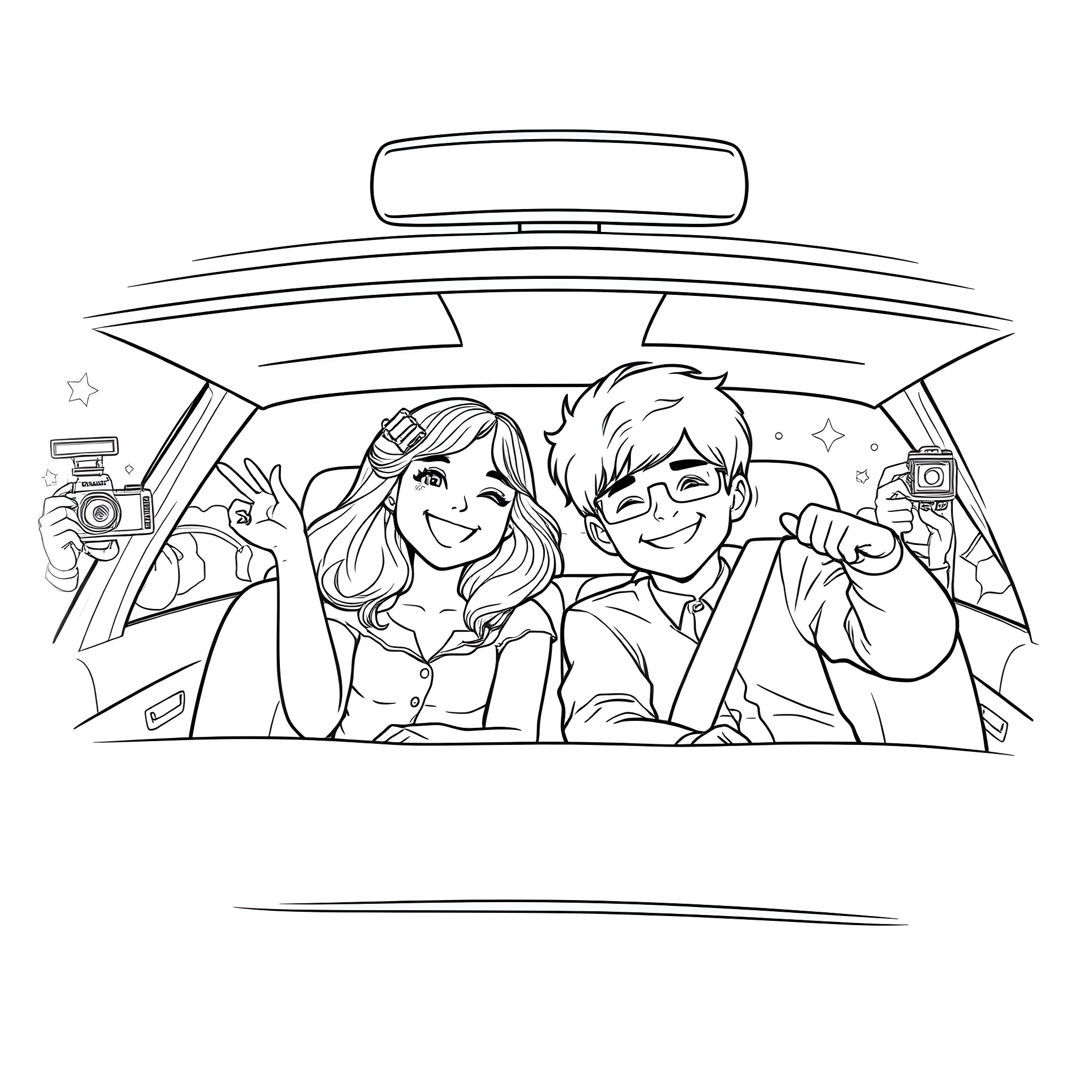 Girl and Boy Taking Selfie in Car Coloring Page (free black-and-white line drawing printable PDF for all, from beginners to advanced learners, including children, teens, adults, and seniors)