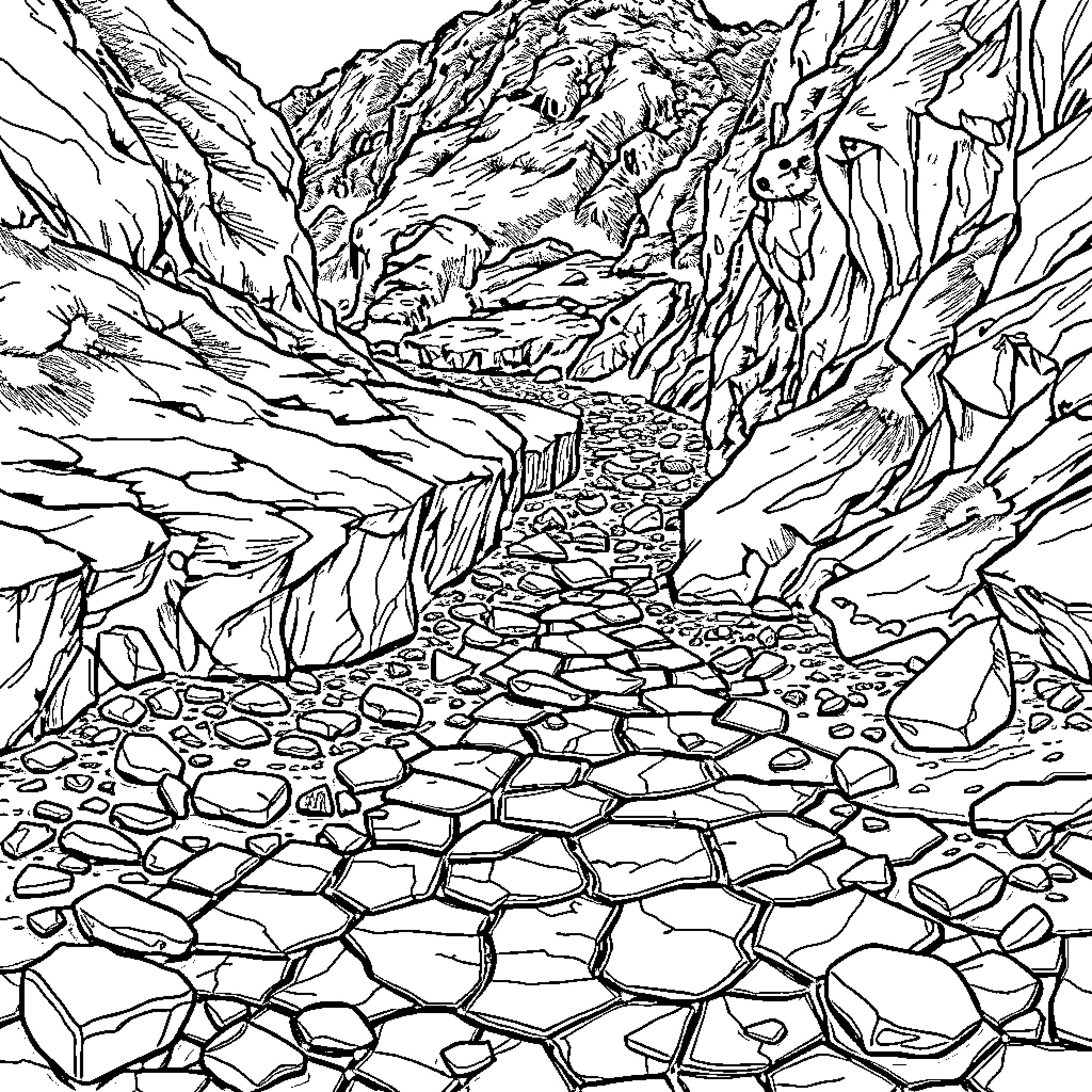 River Flowing Through Rugged Rocky Terrain Coloring Page (free black-and-white line drawing printable PDF for all, from beginners to advanced learners, including children, teens, adults, and seniors)