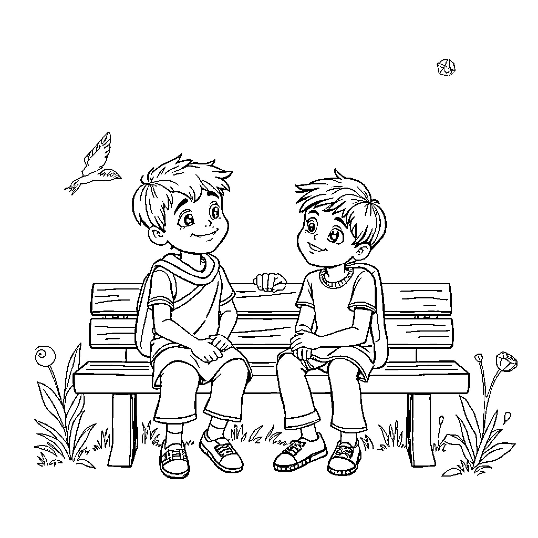 Friend's Joyful Outdoor Adventure Coloring Page (free black-and-white line drawing printable PDF for all, from beginners to advanced learners, including children, teens, adults, and seniors)