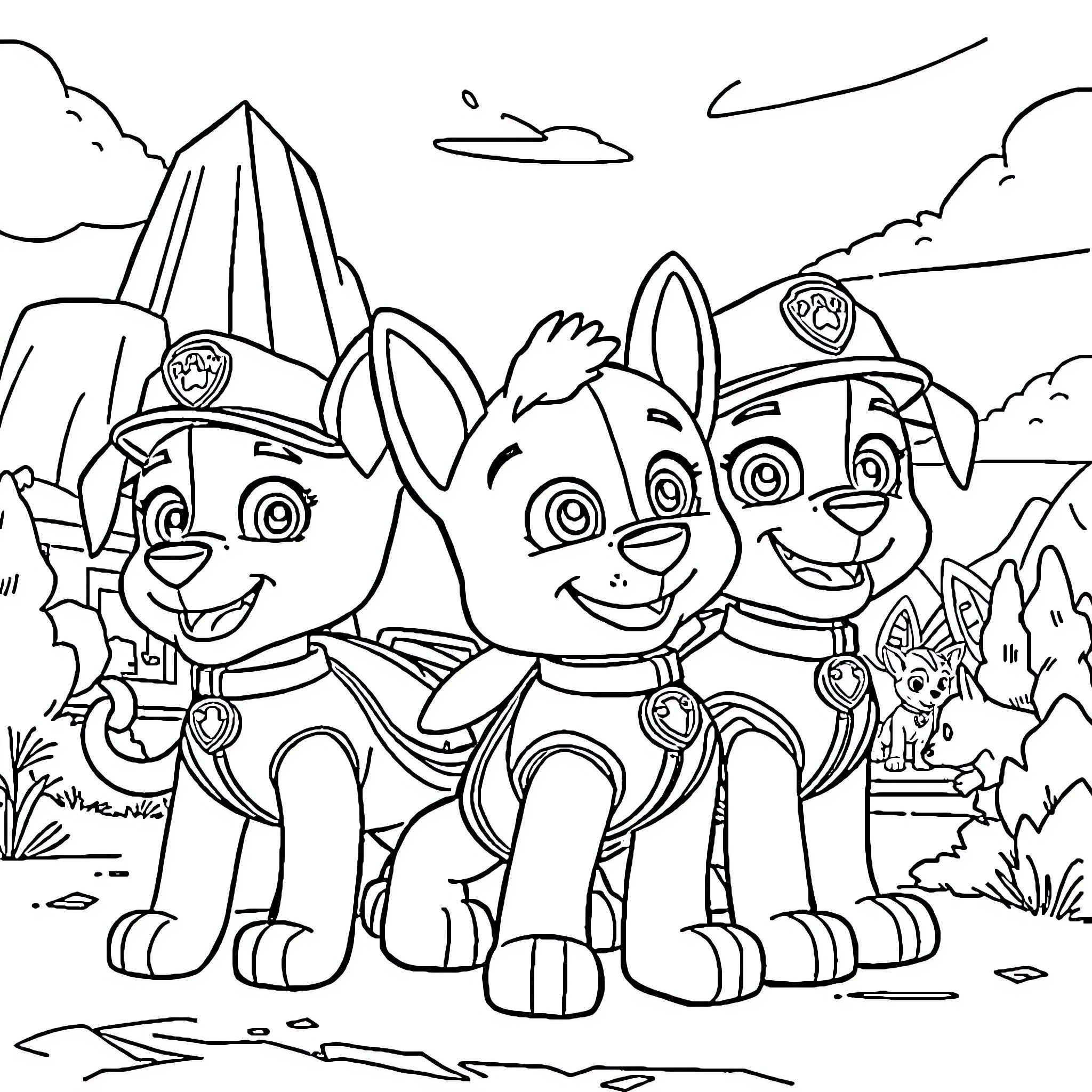 Paw Patrol Puppies on Duty in Exciting Outdoor Adventure Coloring Page (free black-and-white line drawing printable PDF for all, from beginners to advanced learners, including children, teens, adults, and seniors)