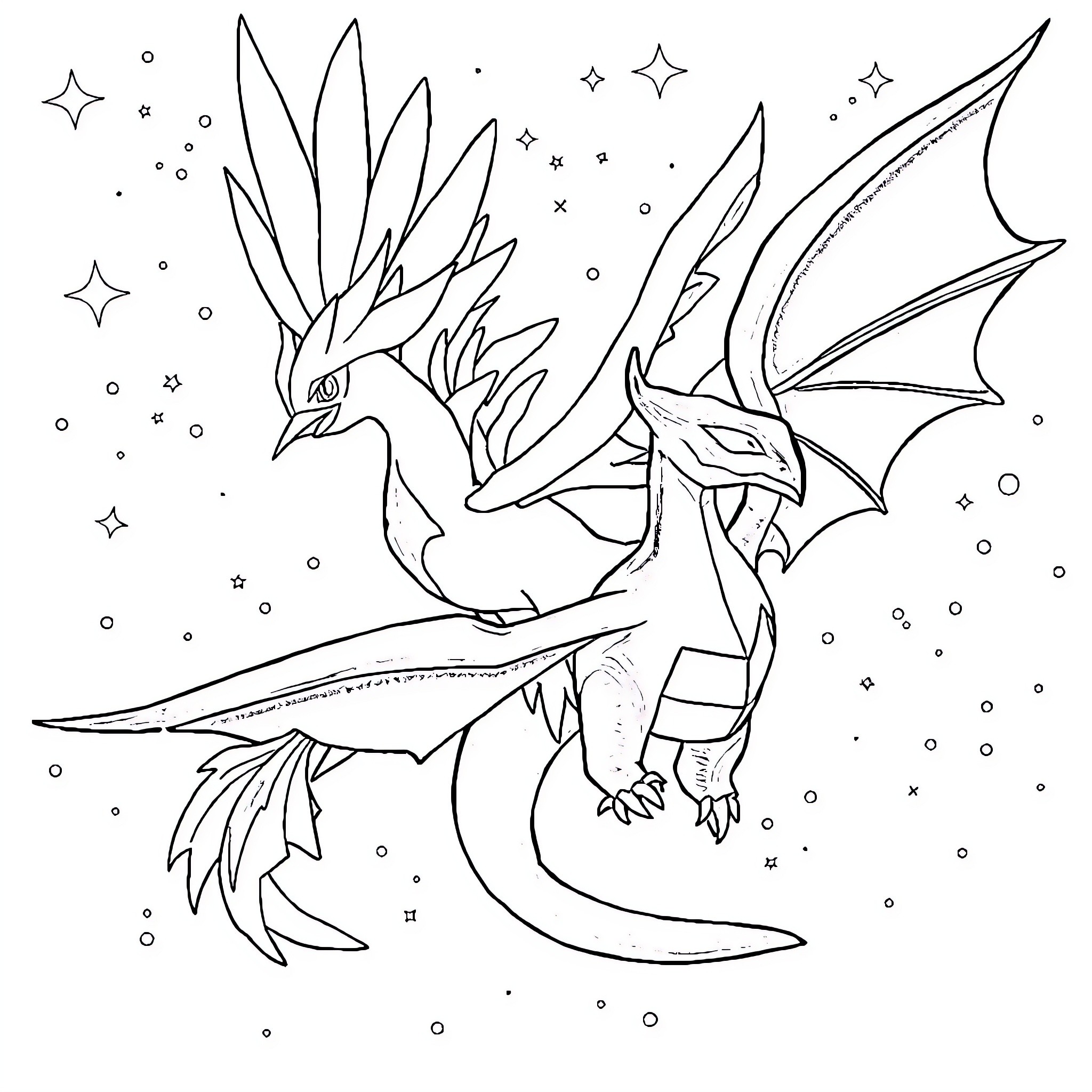 Ardicuno's Mythical Dragon Soaring through the Cosmos Coloring Page (free black-and-white line drawing printable PDF for all, from beginners to advanced learners, including children, teens, adults, and seniors)