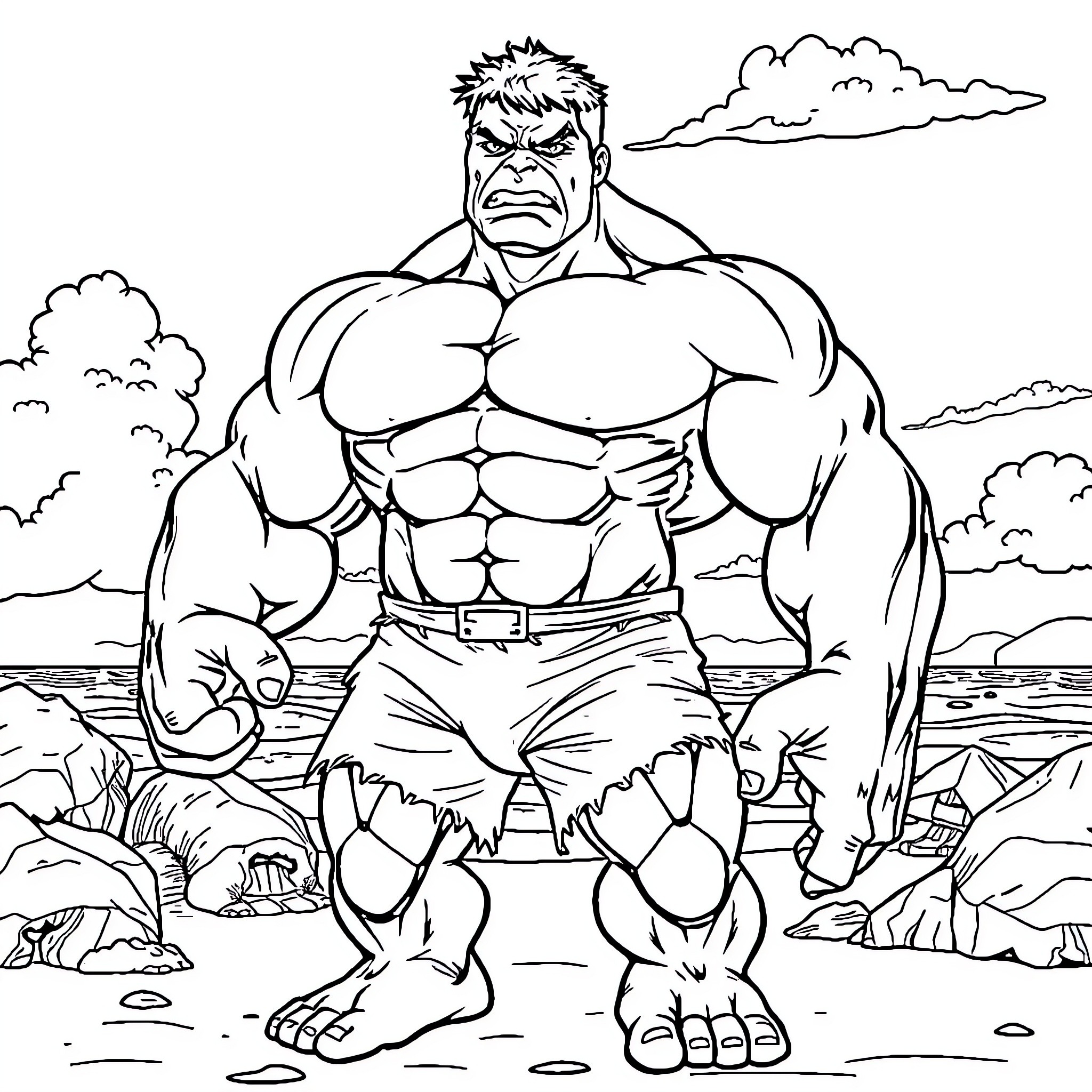 Hulk smashing through the landscape Coloring Page (free black-and-white line drawing printable PDF for all, from beginners to advanced learners, including children, teens, adults, and seniors)