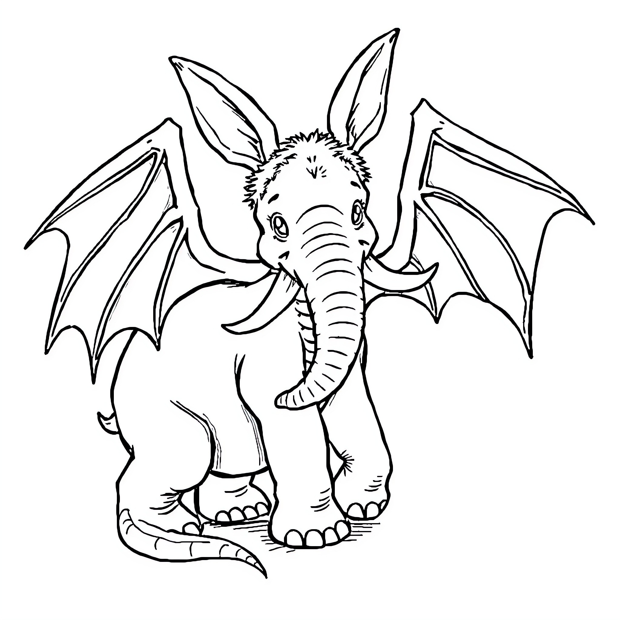 Elephant with Bat Wings in Outline Drawing Coloring Page (free black-and-white line drawing printable PDF for all, from beginners to advanced learners, including children, teens, adults, and seniors)