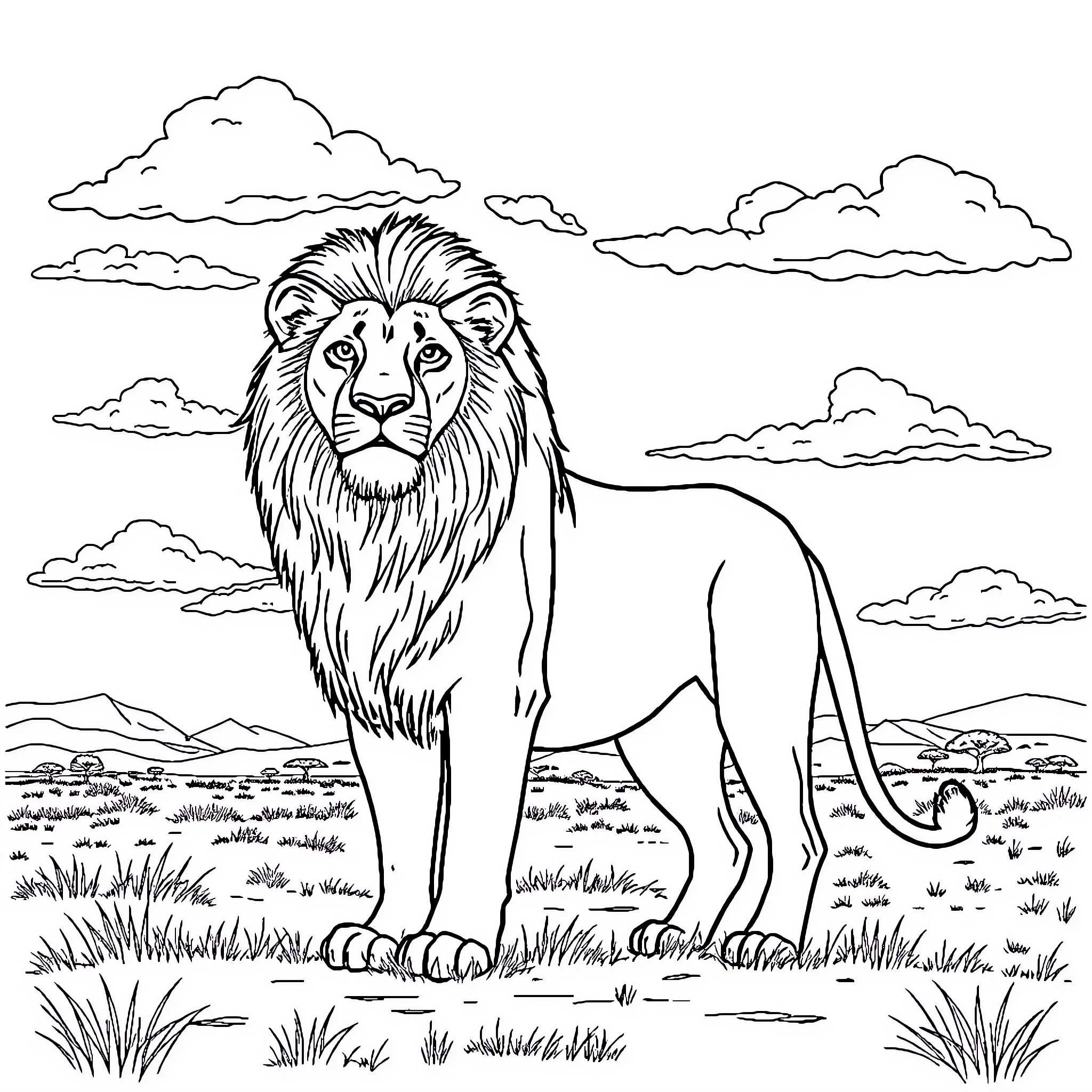 Lion standing majestically in the wild landscape Coloring Page (free black-and-white line drawing printable PDF for all, from beginners to advanced learners, including children, teens, adults, and seniors)