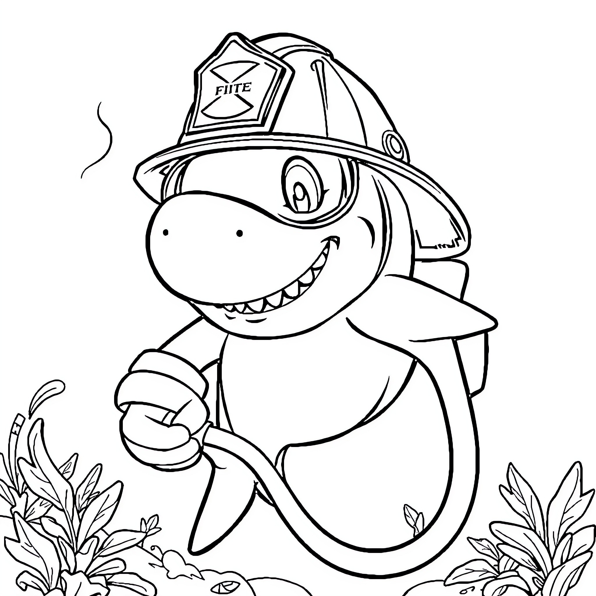Firefighter Shark Putting Out Flames with Hose Coloring Page (free black-and-white line drawing printable PDF for all, from beginners to advanced learners, including children, teens, adults, and seniors)