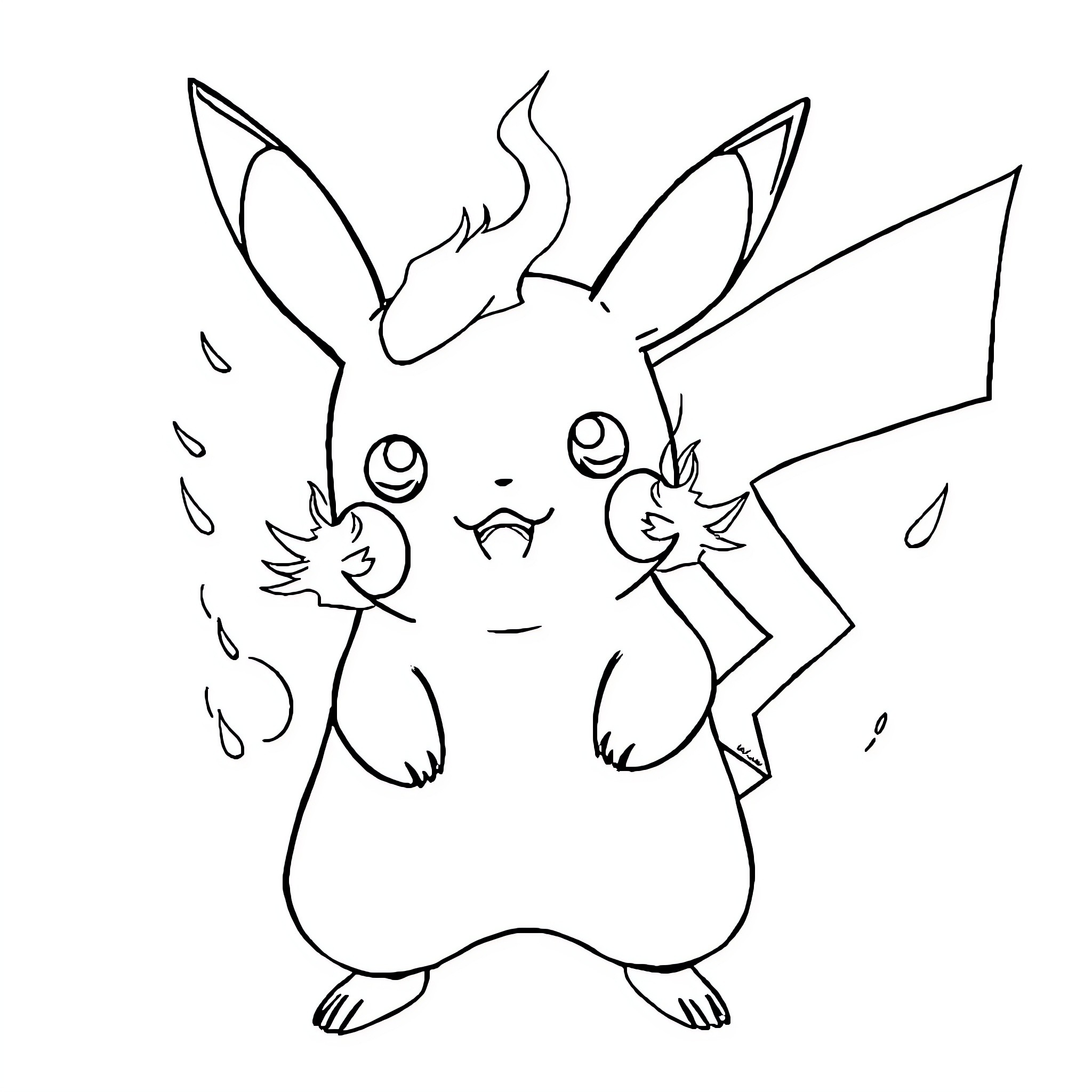 Pikachu squeezing out in the rain Coloring Page (free black-and-white line drawing printable PDF for all, from beginners to advanced learners, including children, teens, adults, and seniors)