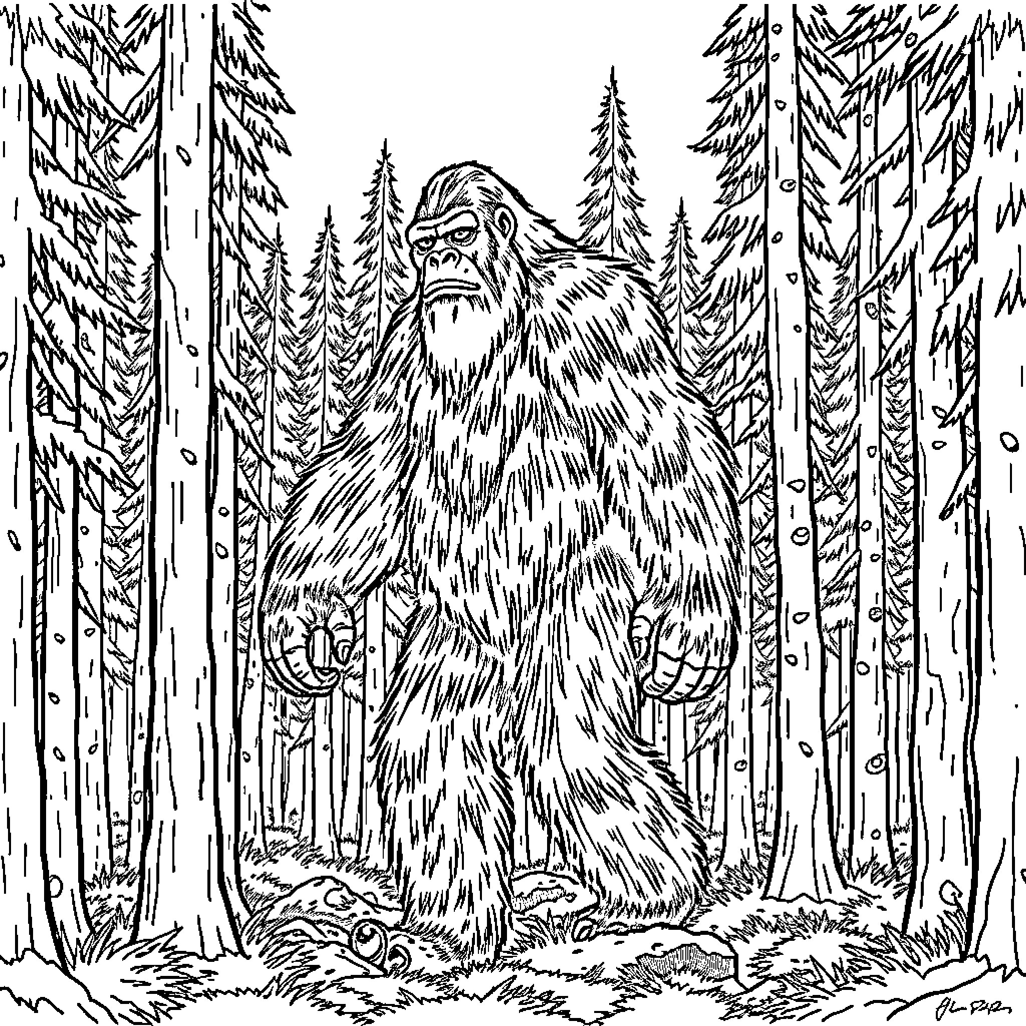 Bigfoot lurking in the mysterious forest Coloring Page (free black-and-white line drawing printable PDF for all, from beginners to advanced learners, including children, teens, adults, and seniors)