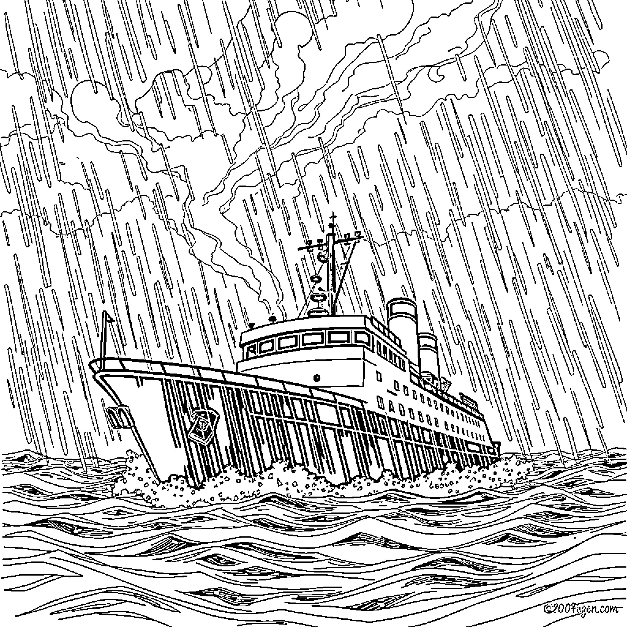 MV James R Barker navigating through stormy seas Coloring Page (free black-and-white line drawing printable PDF for all, from beginners to advanced learners, including children, teens, adults, and seniors)