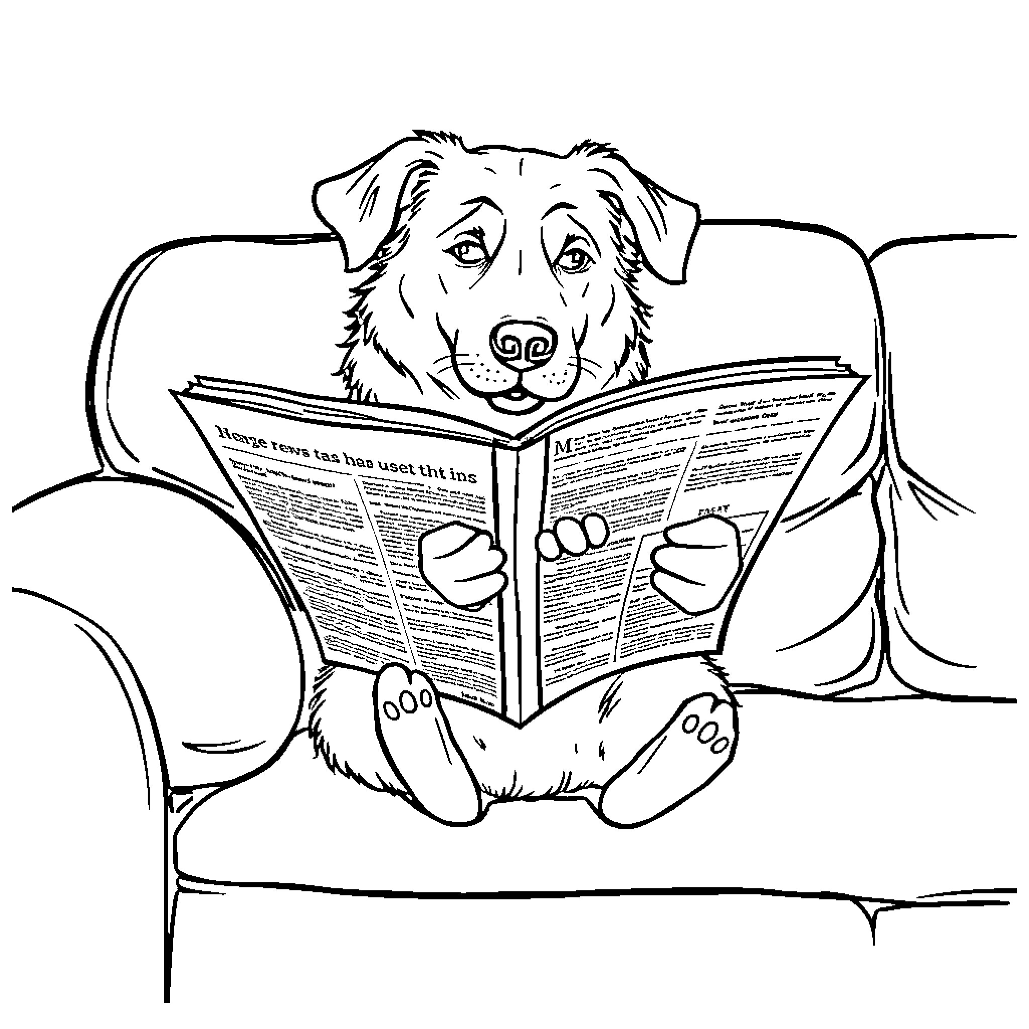 Dog reading newspaper on couch Coloring Page (free black-and-white line drawing printable PDF for all, from beginners to advanced learners, including children, teens, adults, and seniors)
