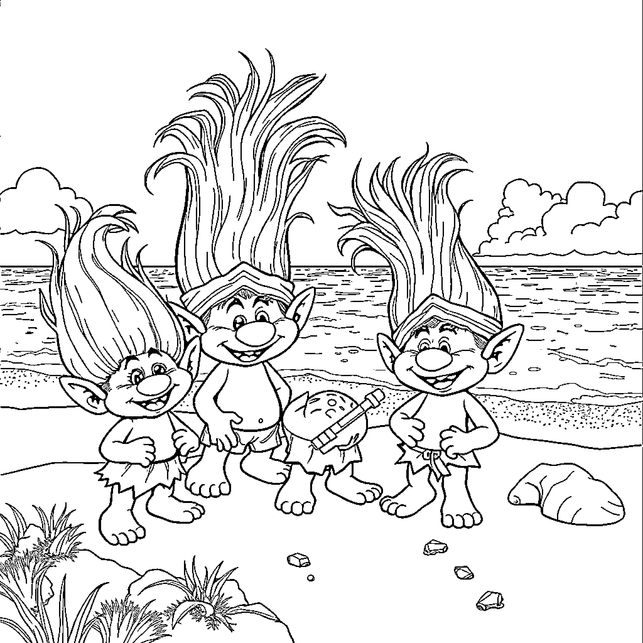 Troll Creatures Frolicking on the Beach Coloring Page (free black-and-white line drawing printable PDF for all, from beginners to advanced learners, including children, teens, adults, and seniors)