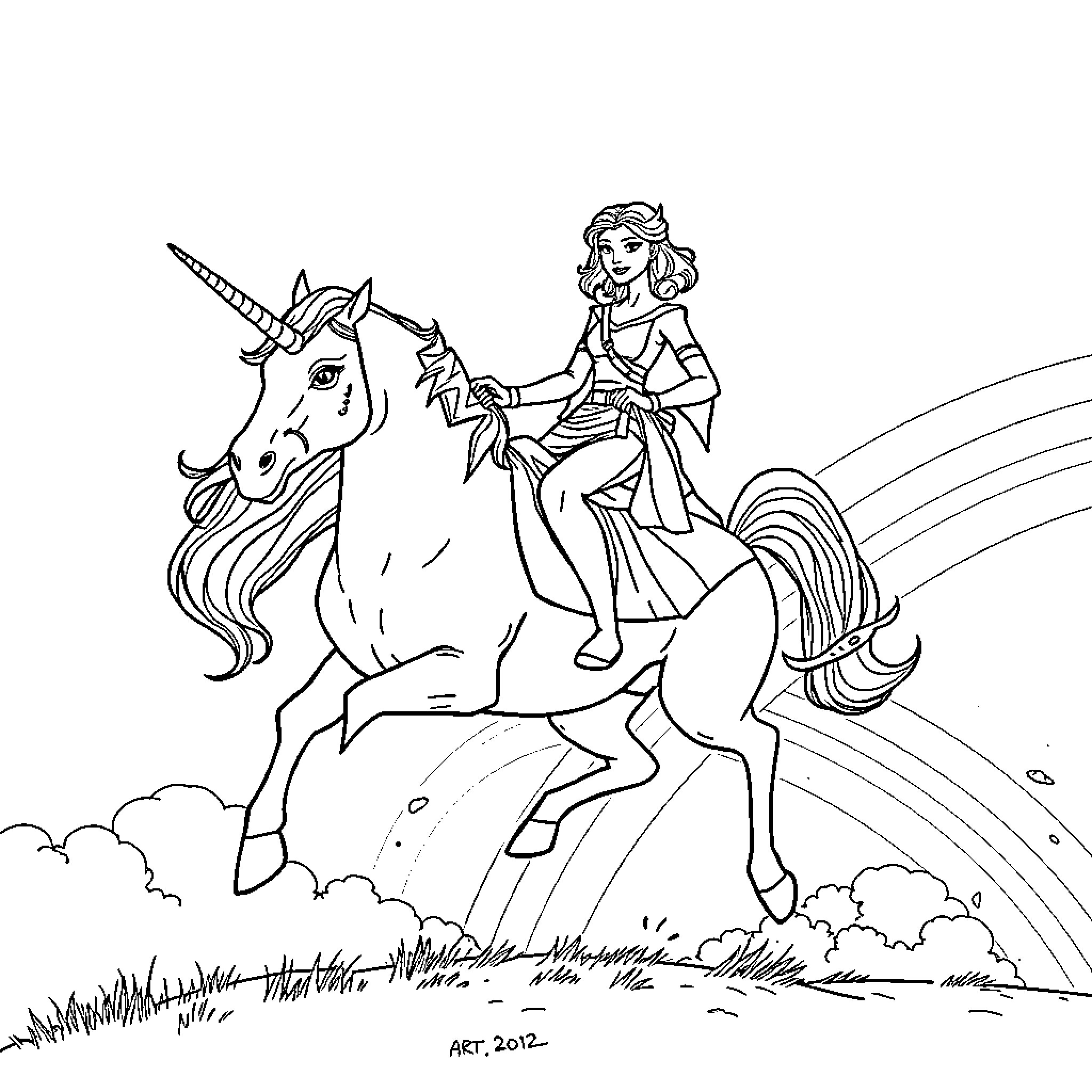 Princess Leia rides a magical unicorn through the clouds Coloring Page (free black-and-white line drawing printable PDF for all, from beginners to advanced learners, including children, teens, adults, and seniors)