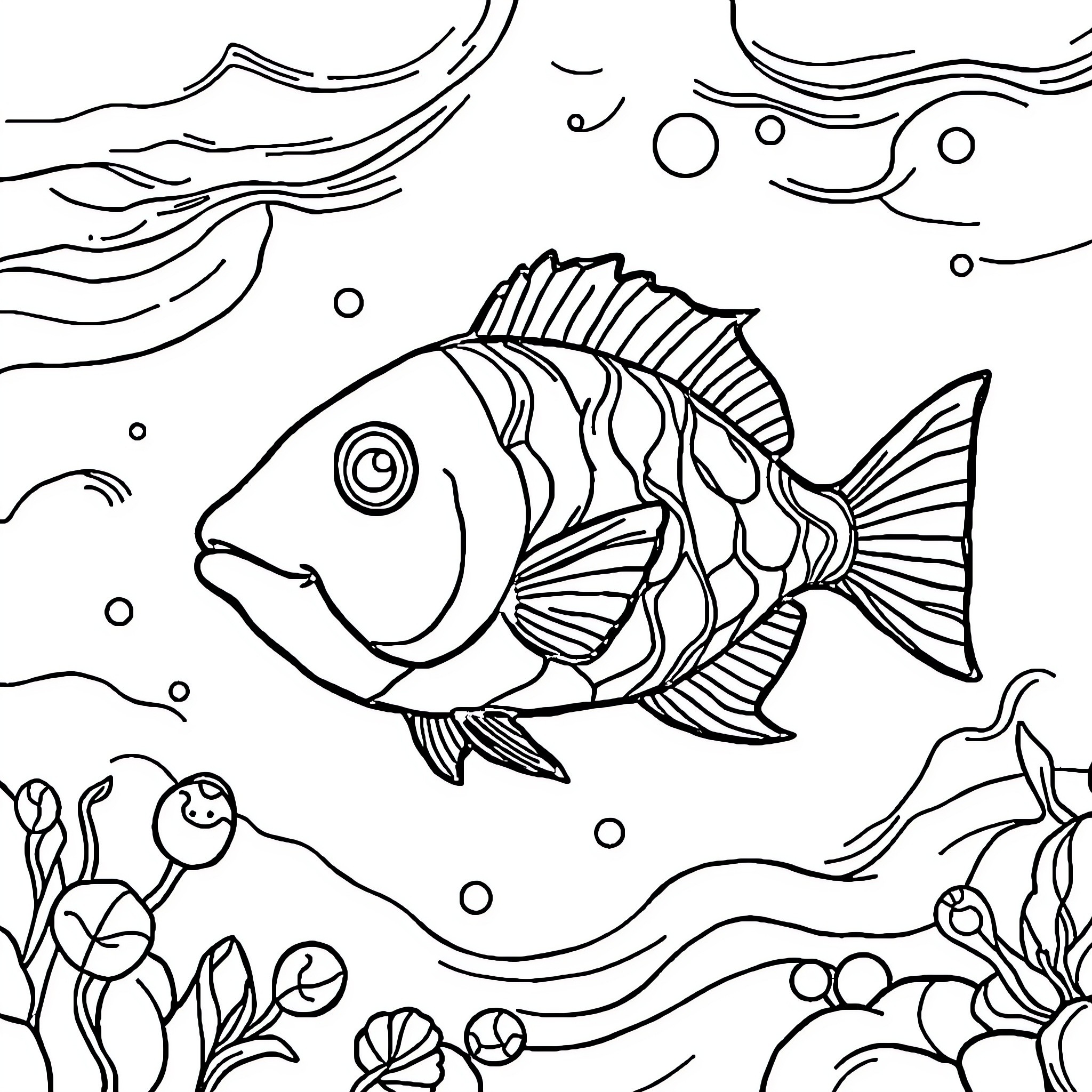 Fish swimming gracefully in underwater scene Coloring Page (free black-and-white line drawing printable PDF for all, from beginners to advanced learners, including children, teens, adults, and seniors)