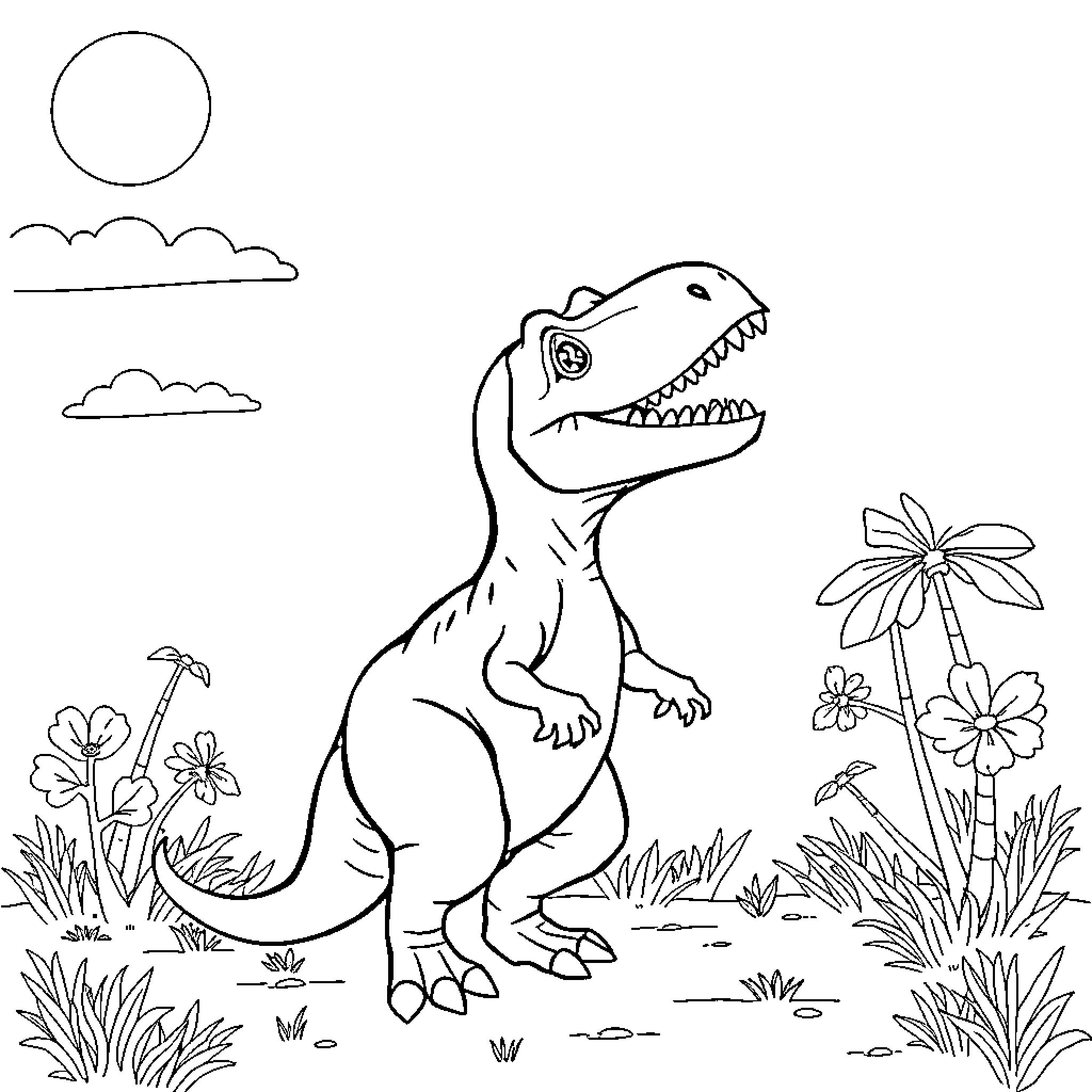 T-Rex exploring the lush landscape Coloring Page (free black-and-white line drawing printable PDF for all, from beginners to advanced learners, including children, teens, adults, and seniors)
