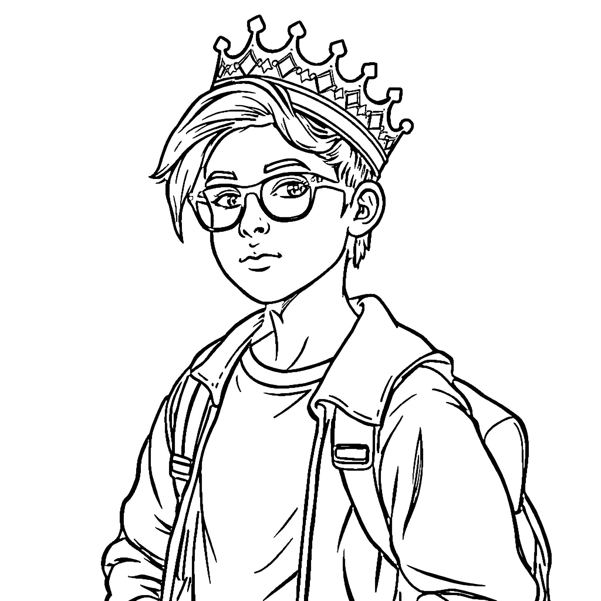 Youth with Crown Wearing Glasses Coloring Page (free black-and-white line drawing printable PDF for all, from beginners to advanced learners, including children, teens, adults, and seniors)