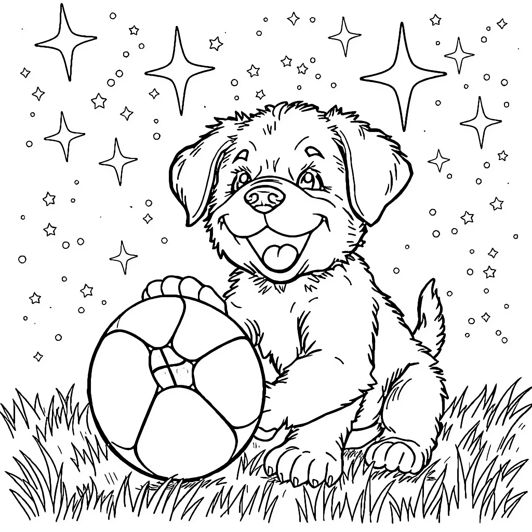 Puppy playing joyfully with soccer ball under starry sky Coloring Page (free black-and-white line drawing printable PDF for all, from beginners to advanced learners, including children, teens, adults, and seniors)