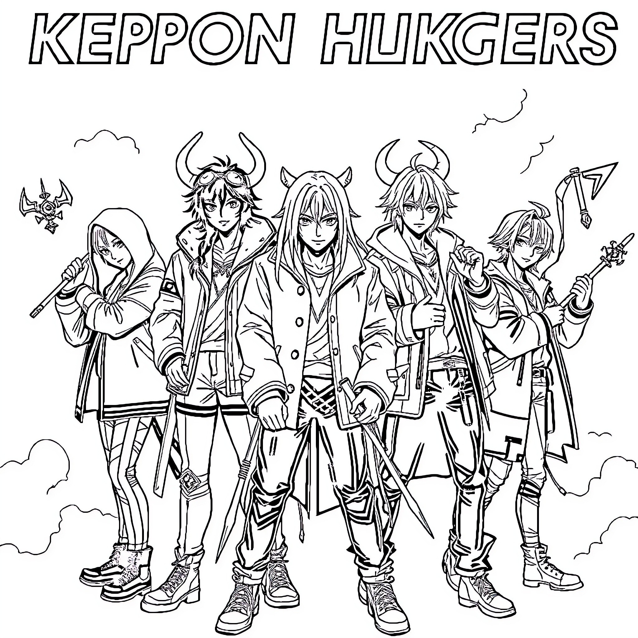 K-POP Demon Hunters in Action-Packed Outfits Coloring Page (free black-and-white line drawing printable PDF for all, from beginners to advanced learners, including children, teens, adults, and seniors)
