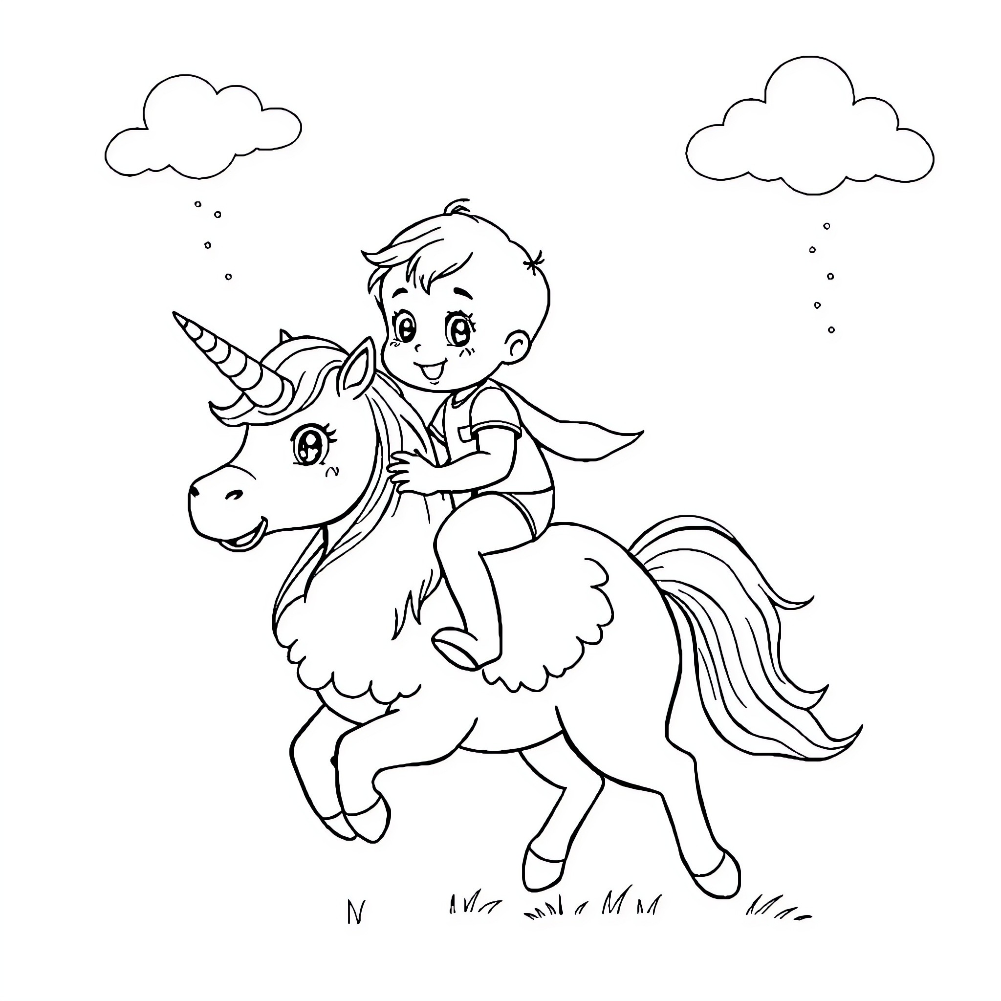 Baby riding a unicorn in the clouds Coloring Page (free black-and-white line drawing printable PDF for all, from beginners to advanced learners, including children, teens, adults, and seniors)