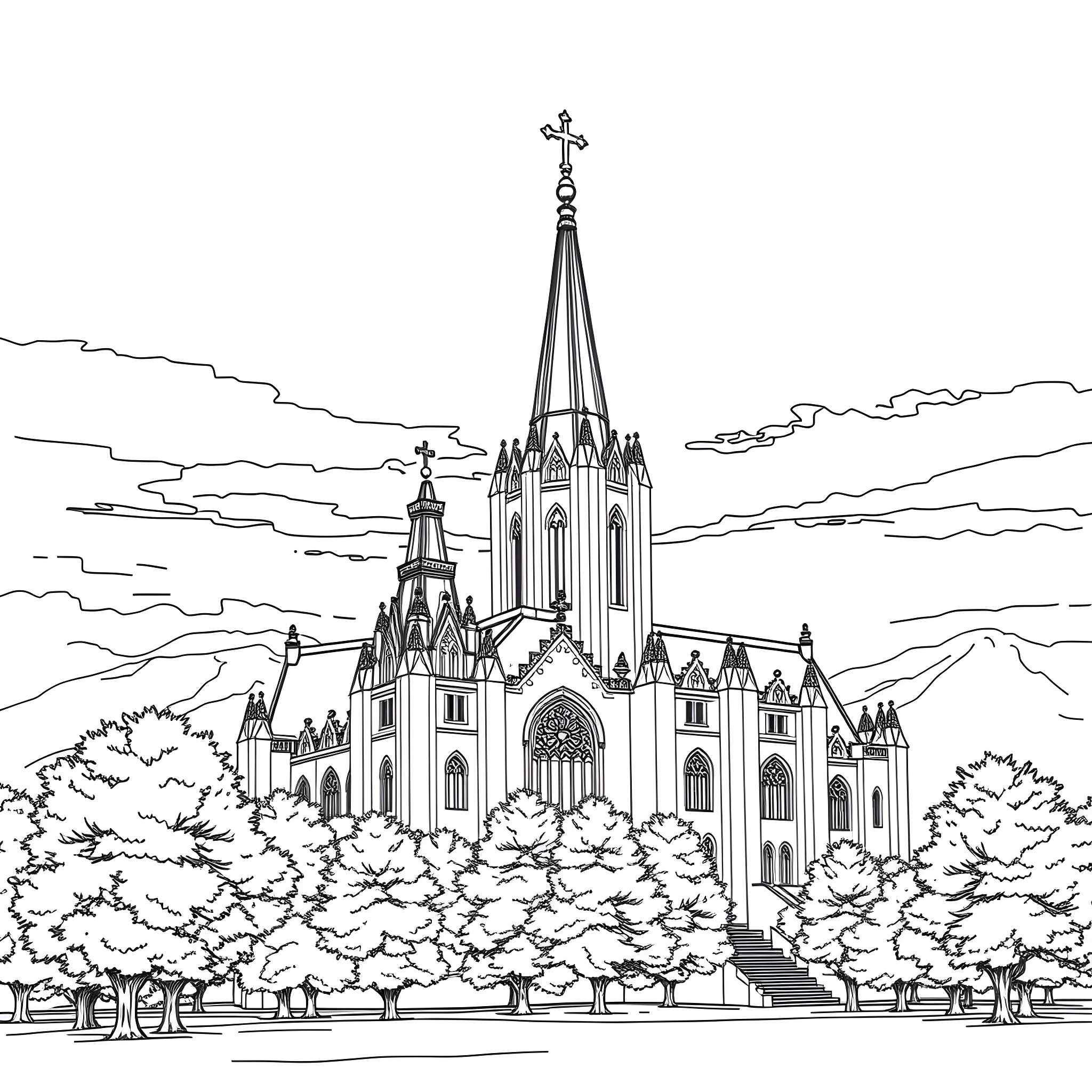 Manti Utah Temple: Ornate Gothic Architecture in Nature's Embrace Coloring Page (free black-and-white line drawing printable PDF for all, from beginners to advanced learners, including children, teens, adults, and seniors)
