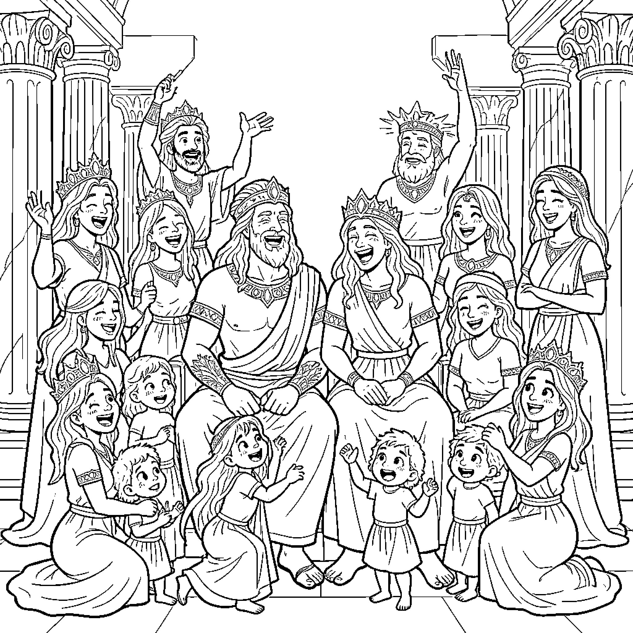 Zeus and his family celebrating together in a palace Coloring Page (free black-and-white line drawing printable PDF for all, from beginners to advanced learners, including children, teens, adults, and seniors)