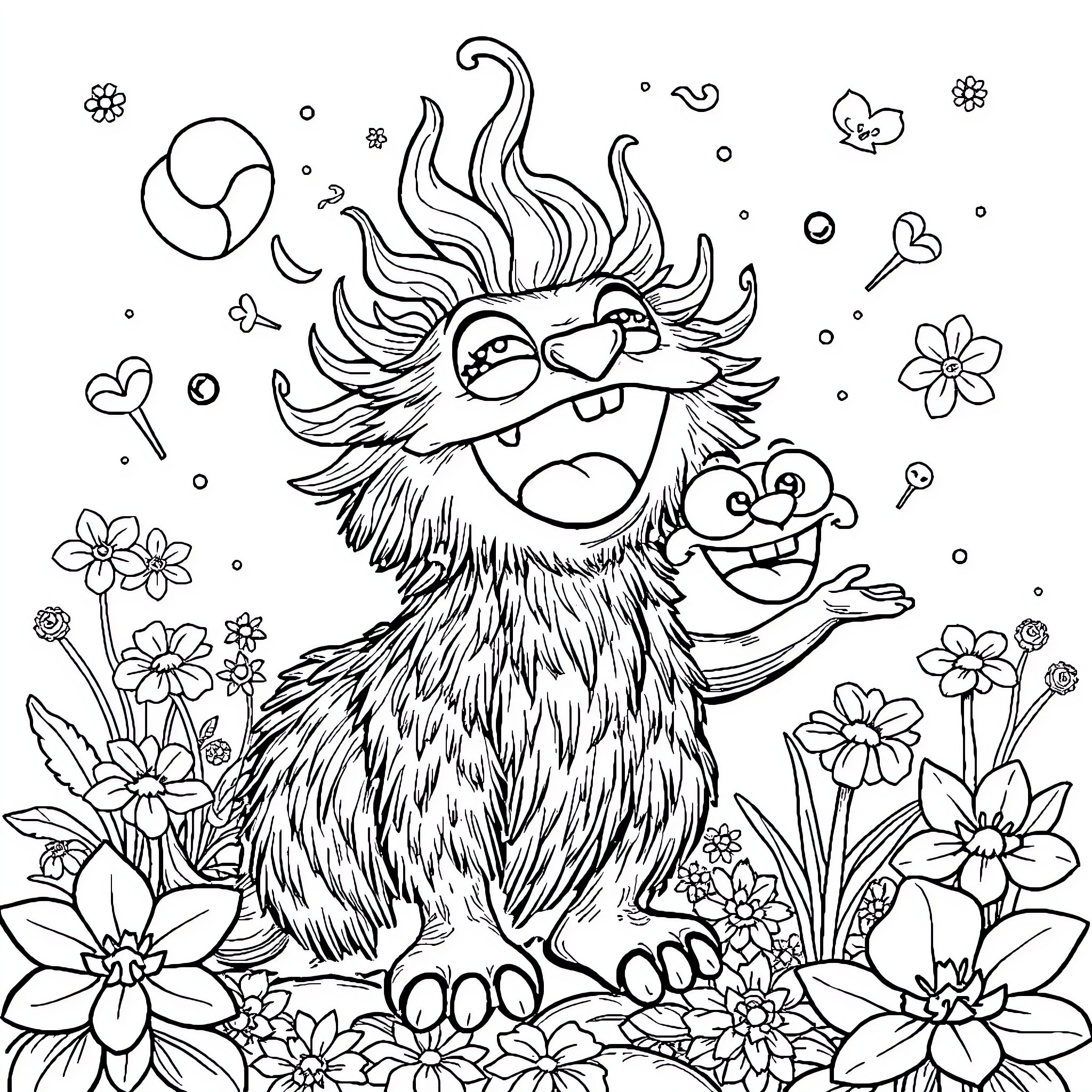 Glorp: Whimsical monster frolicking in a floral wonderland Coloring Page (free black-and-white line drawing printable PDF for all, from beginners to advanced learners, including children, teens, adults, and seniors)