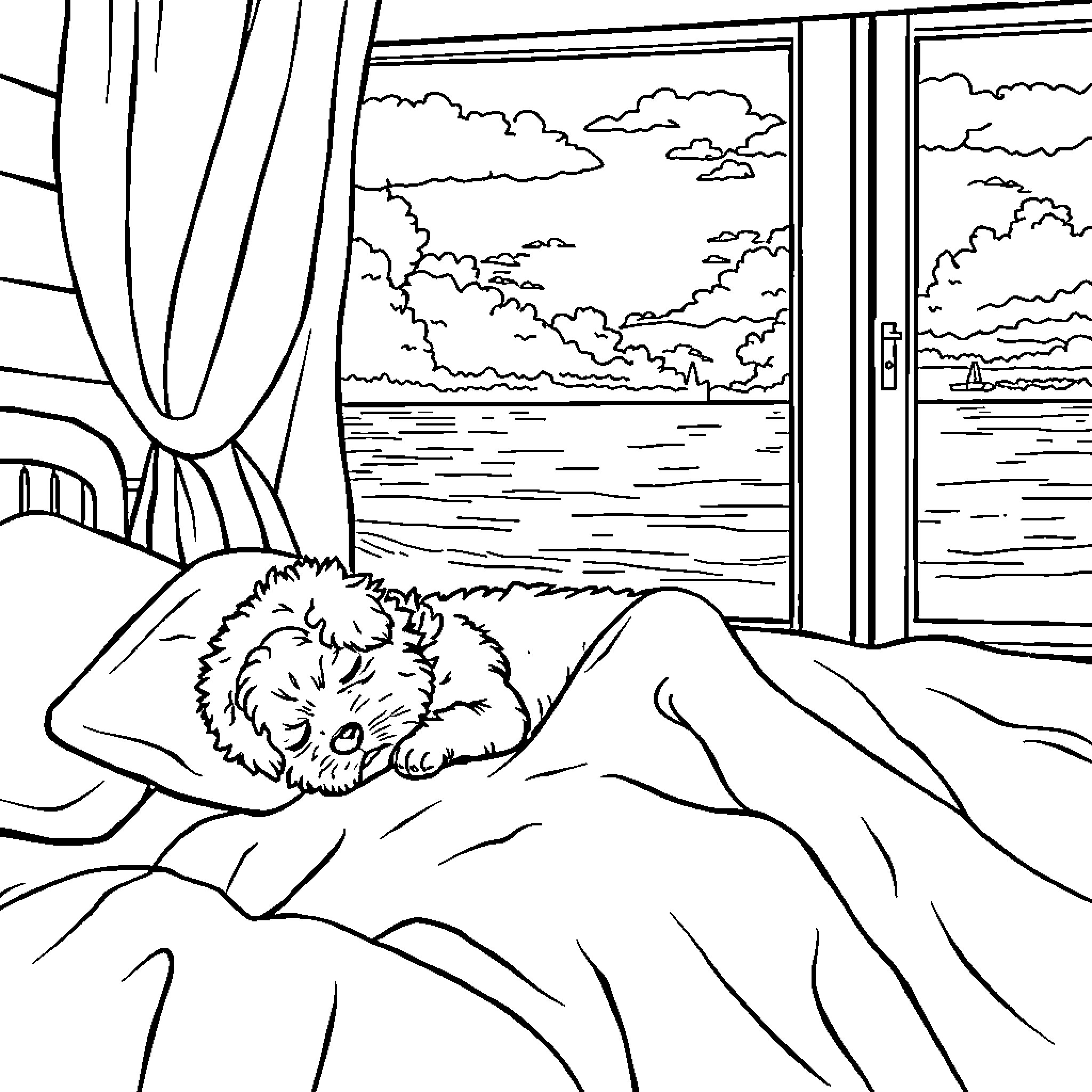 Maltipoo Napping Peacefully by the Window Coloring Page (free black-and-white line drawing printable PDF for all, from beginners to advanced learners, including children, teens, adults, and seniors)