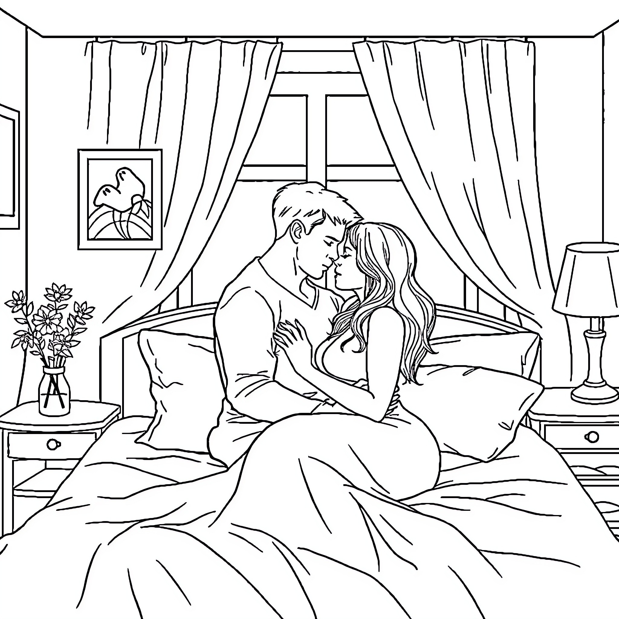 Couple embracing tenderly on the bed Coloring Page (free black-and-white line drawing printable PDF for all, from beginners to advanced learners, including children, teens, adults, and seniors)
