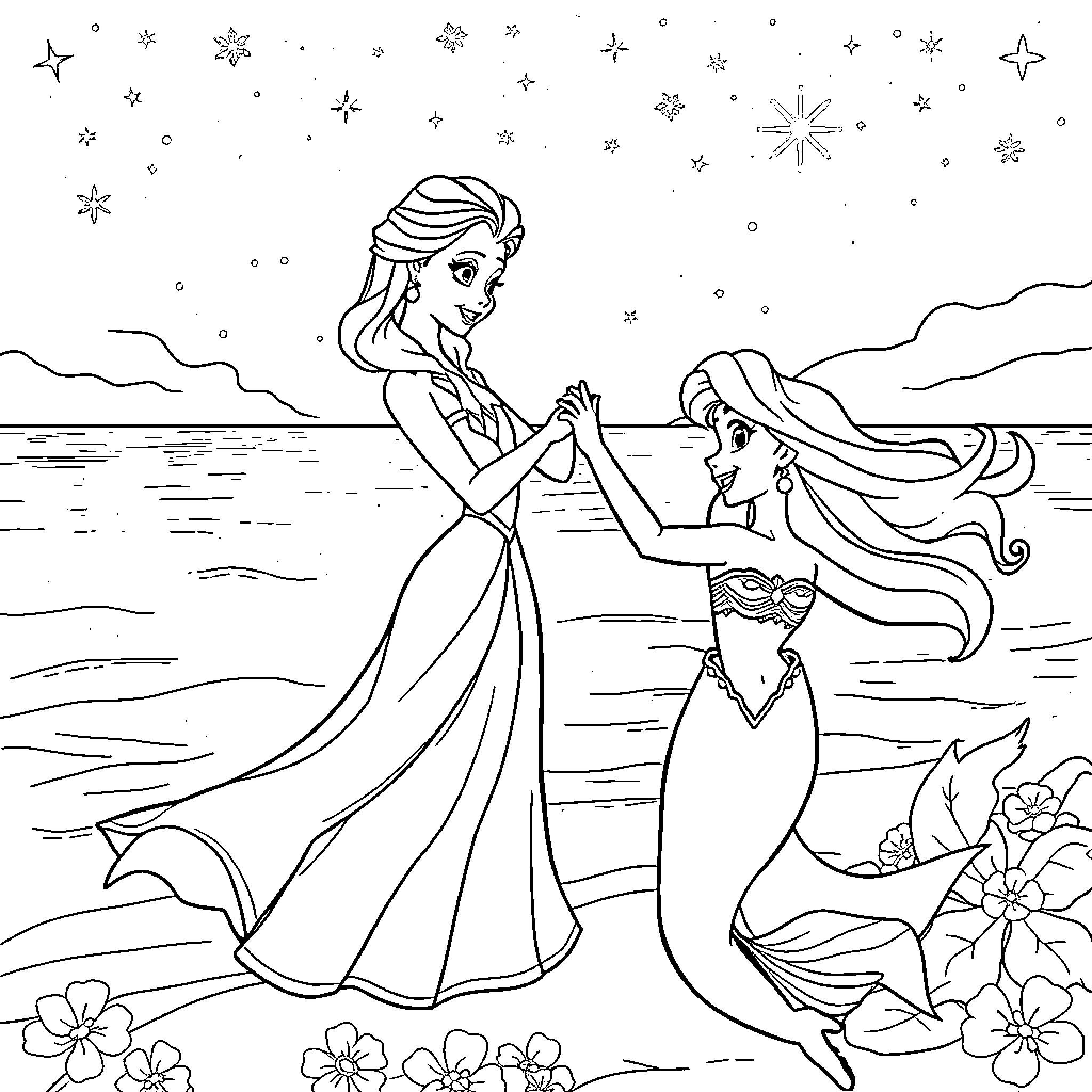 Mermaid sisters meet under the starry night Coloring Page (free black-and-white line drawing printable PDF for all, from beginners to advanced learners, including children, teens, adults, and seniors)