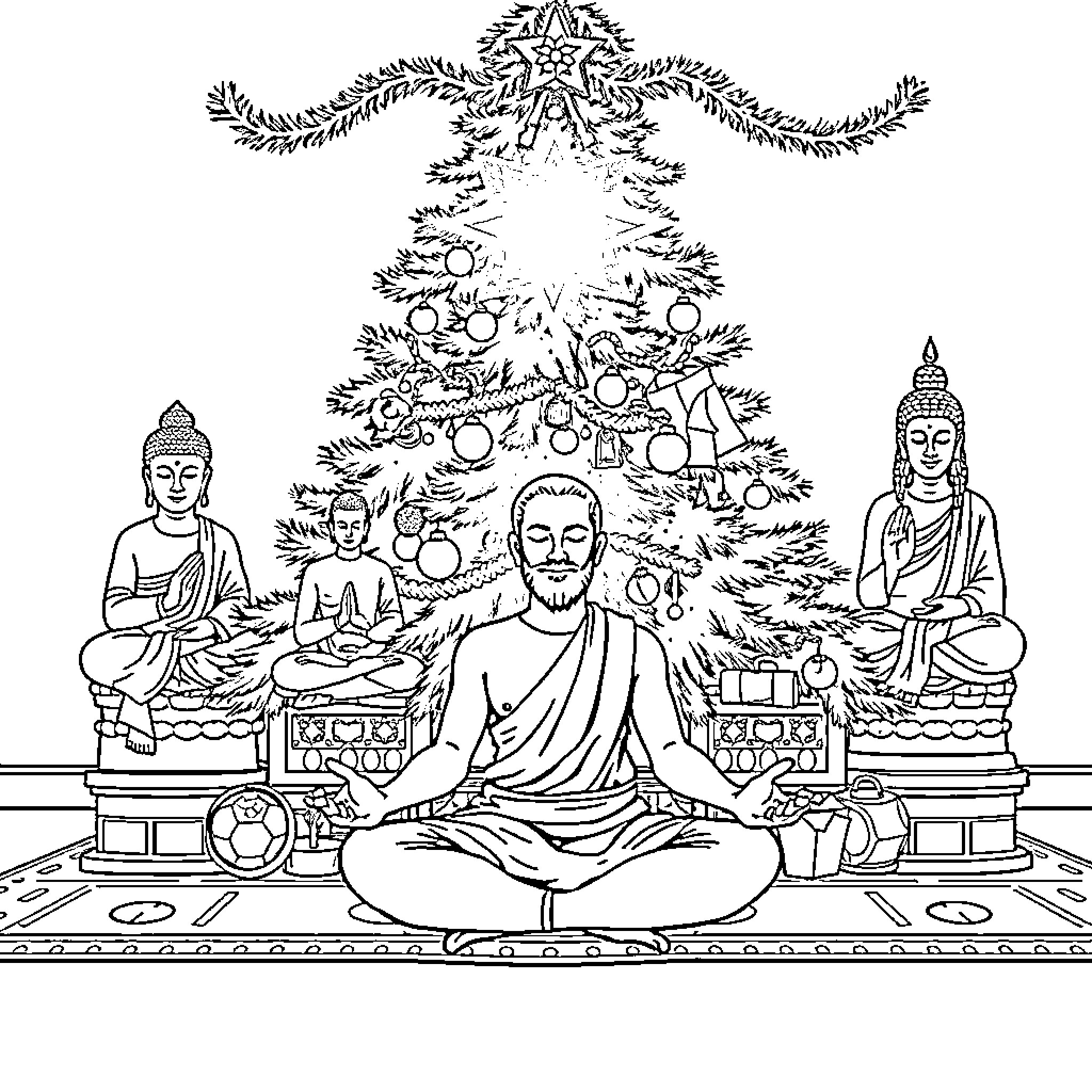 Yogi meditating under Christmas tree with Buddha statues Coloring Page (free black-and-white line drawing printable PDF for all, from beginners to advanced learners, including children, teens, adults, and seniors)
