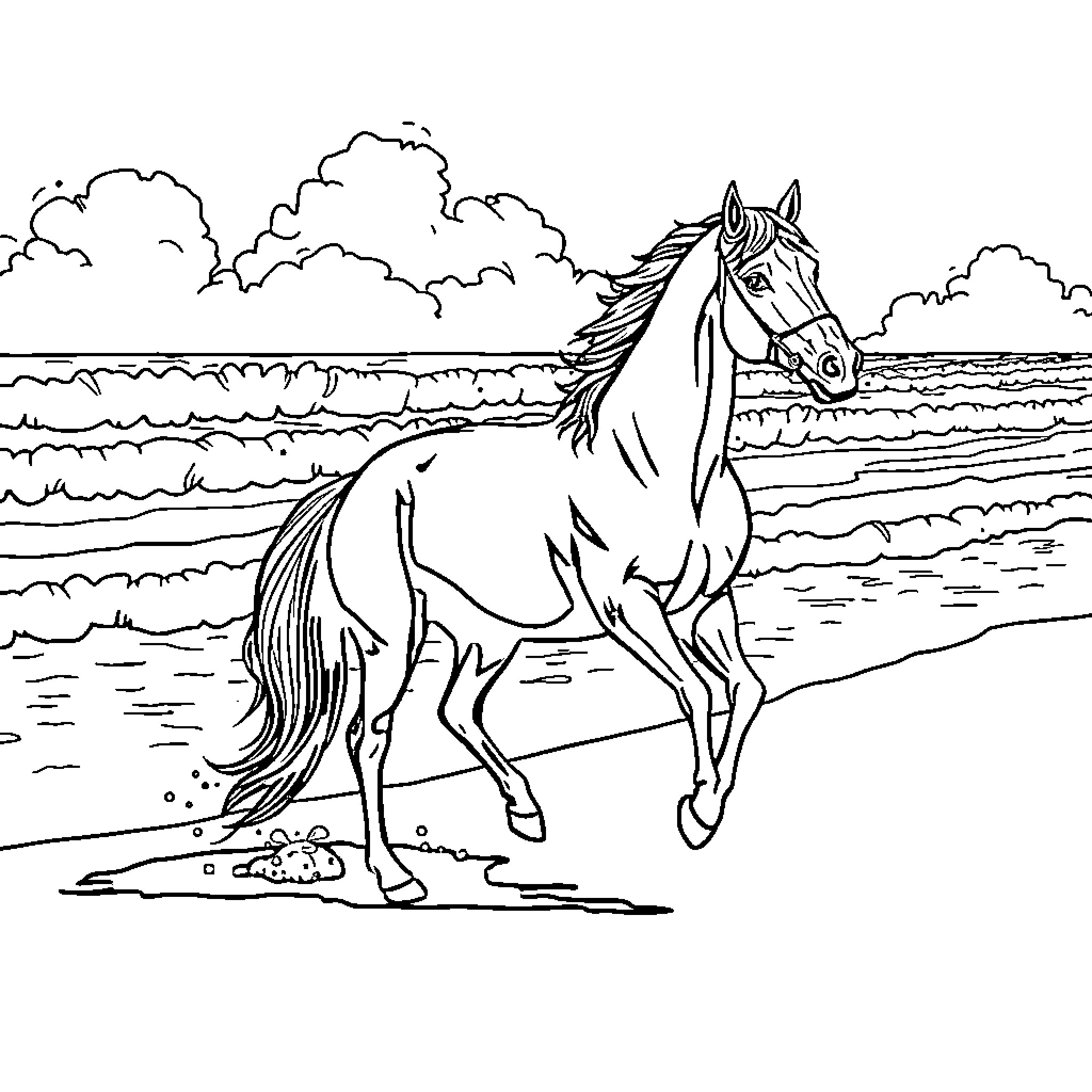 Horse galloping on the beach Coloring Page (free black-and-white line drawing printable PDF for all, from beginners to advanced learners, including children, teens, adults, and seniors)