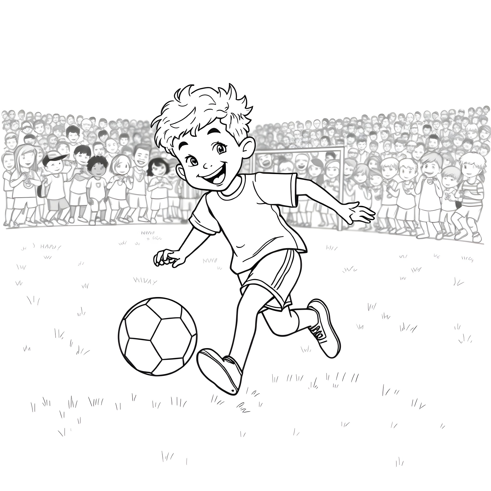 Boy playing happily with soccer ball in the field Coloring Page (free black-and-white line drawing printable PDF for all, from beginners to advanced learners, including children, teens, adults, and seniors)