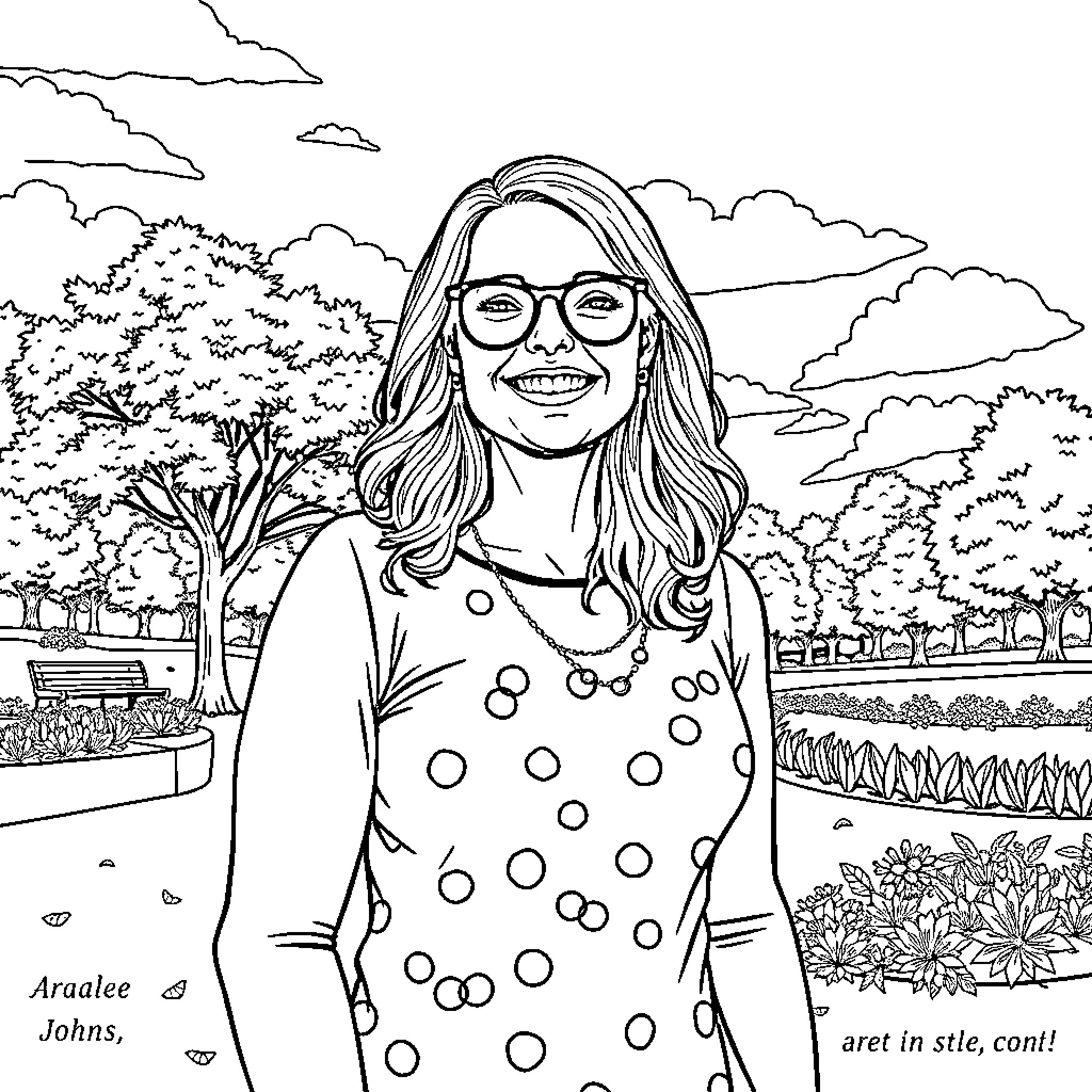 Azalee Johns smiling joyfully in a park Coloring Page (free black-and-white line drawing printable PDF for all, from beginners to advanced learners, including children, teens, adults, and seniors)