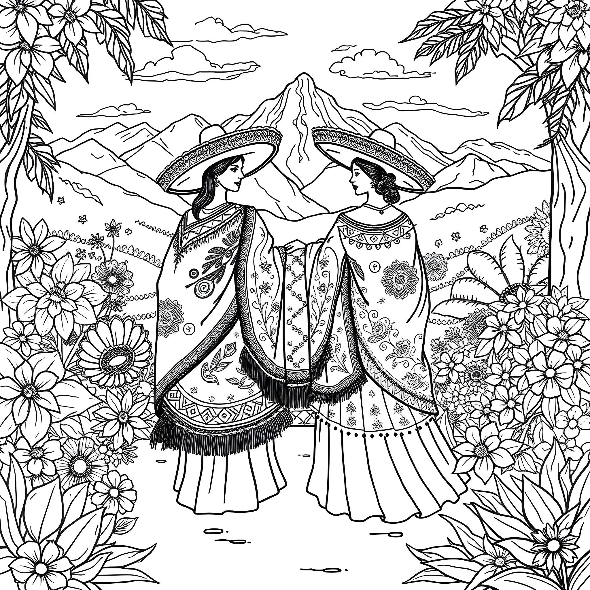 Clothing of Traditional Mexican Women in Nature Coloring Page (free black-and-white line drawing printable PDF for all, from beginners to advanced learners, including children, teens, adults, and seniors)