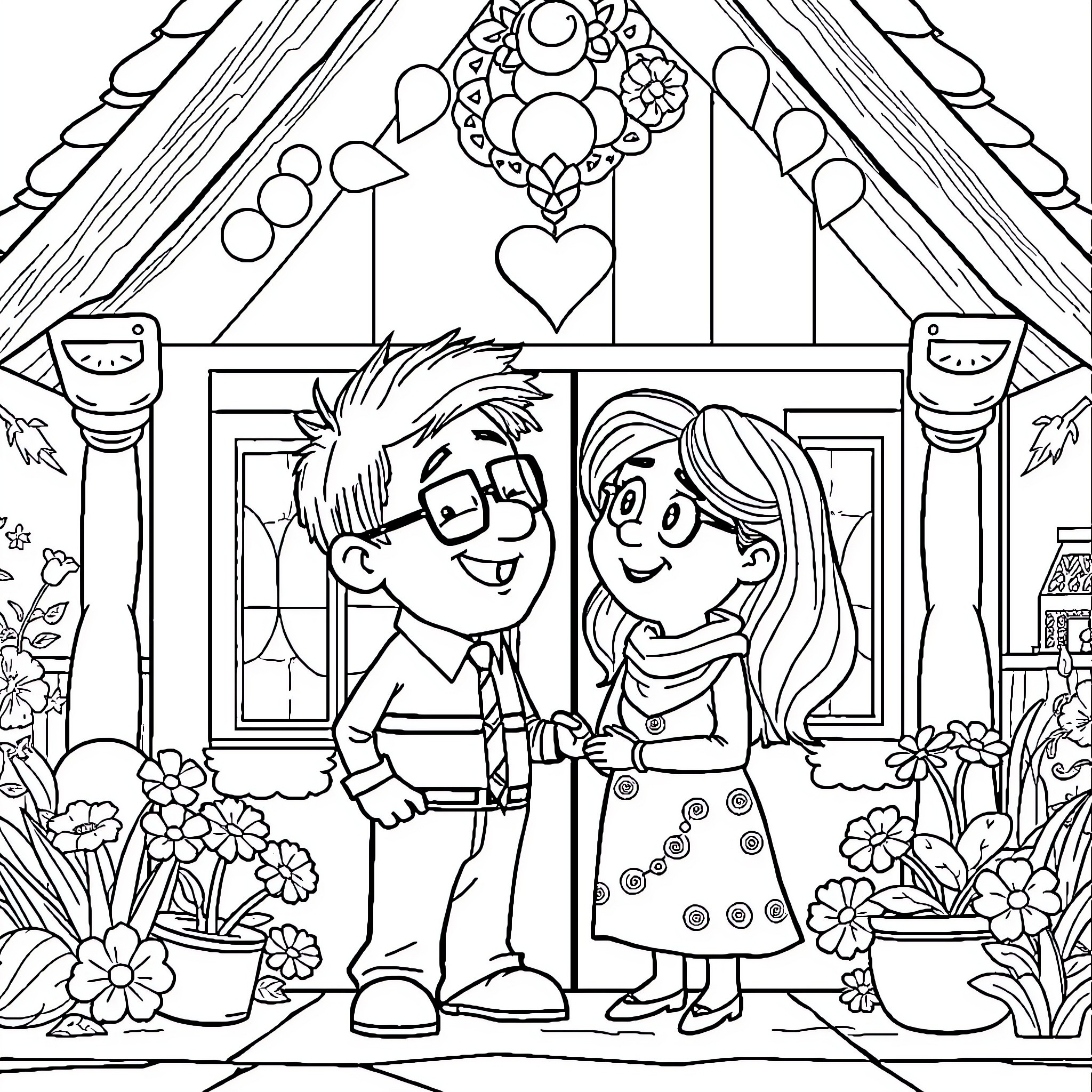 Carl and Ellie's Adorable Adventure in the Garden Coloring Page (free black-and-white line drawing printable PDF for all, from beginners to advanced learners, including children, teens, adults, and seniors)