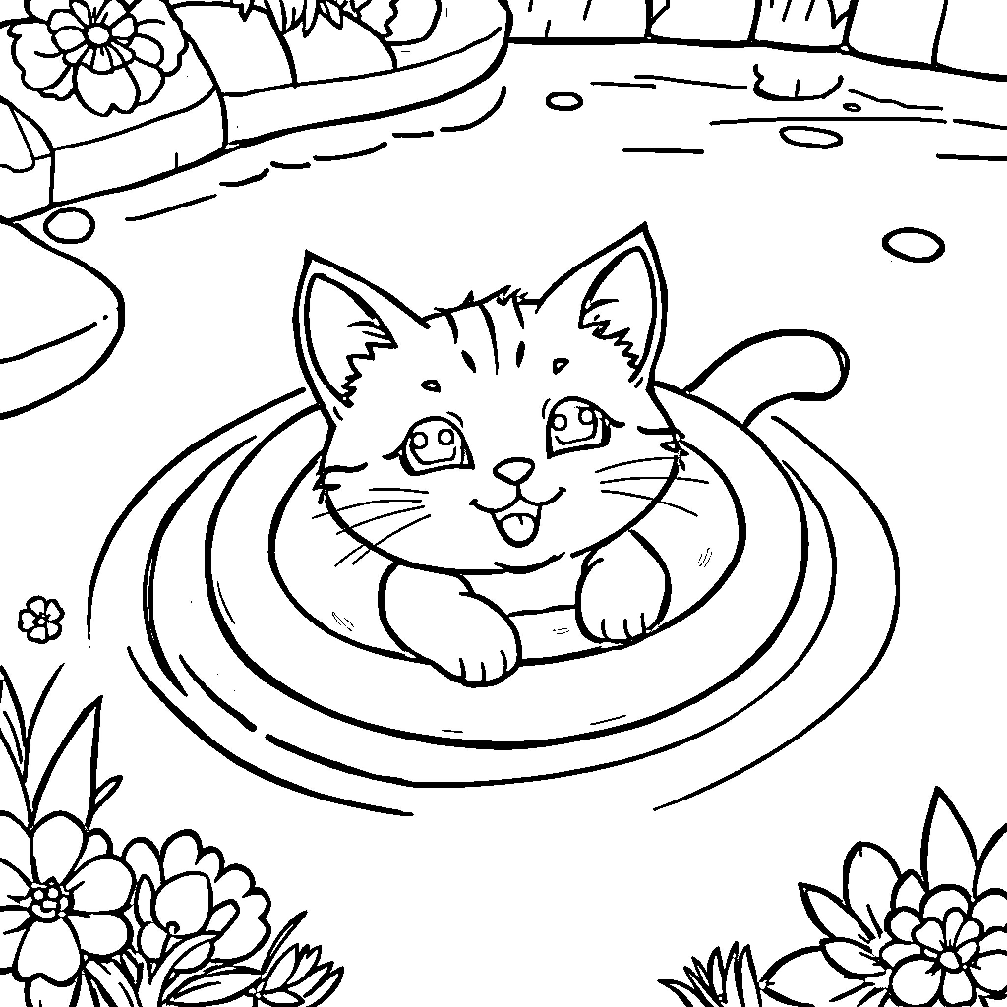 Cat playing in a flower garden Coloring Page (free black-and-white line drawing printable PDF for all, from beginners to advanced learners, including children, teens, adults, and seniors)