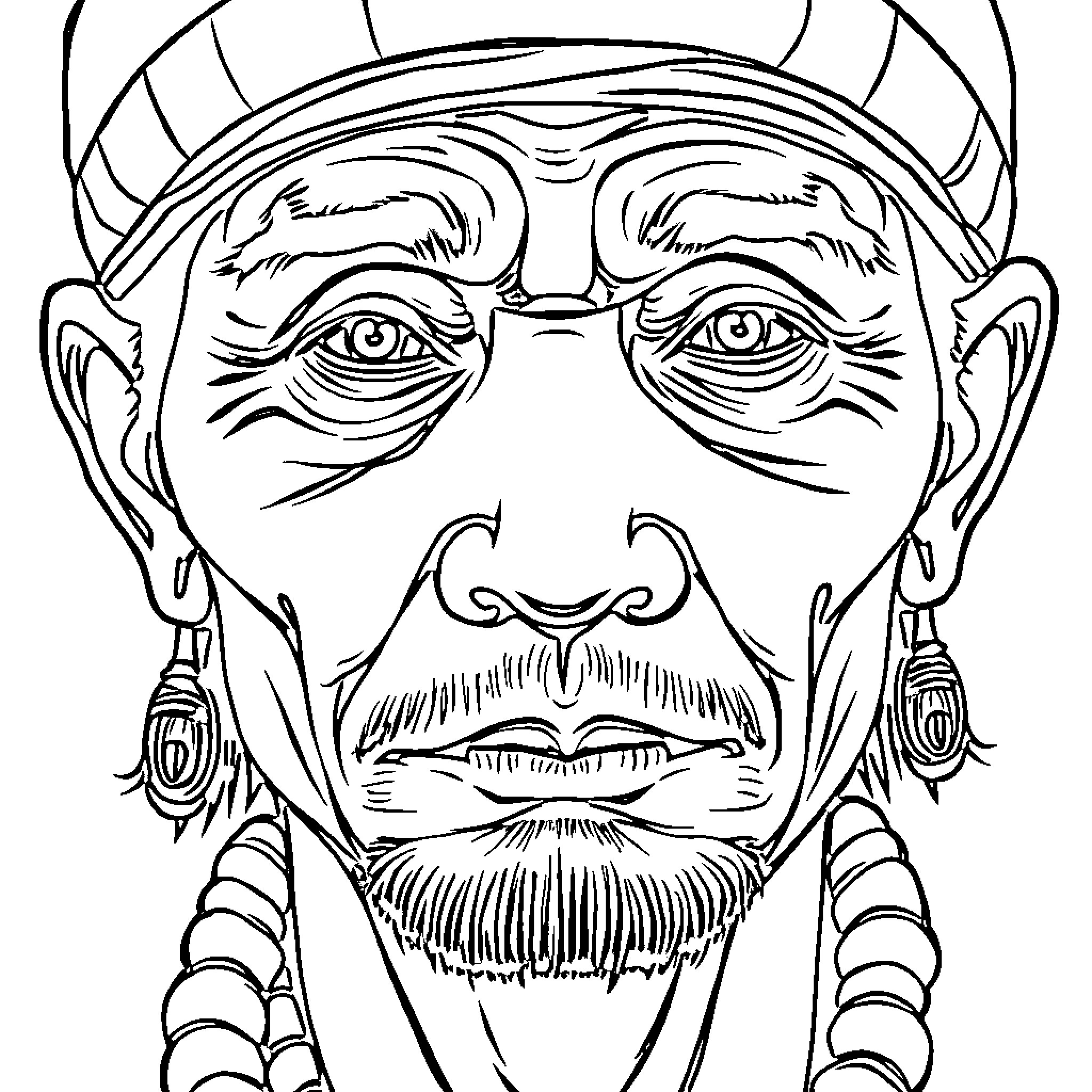 Keluang Man in traditional headgear and jewelry Coloring Page (free black-and-white line drawing printable PDF for all, from beginners to advanced learners, including children, teens, adults, and seniors)