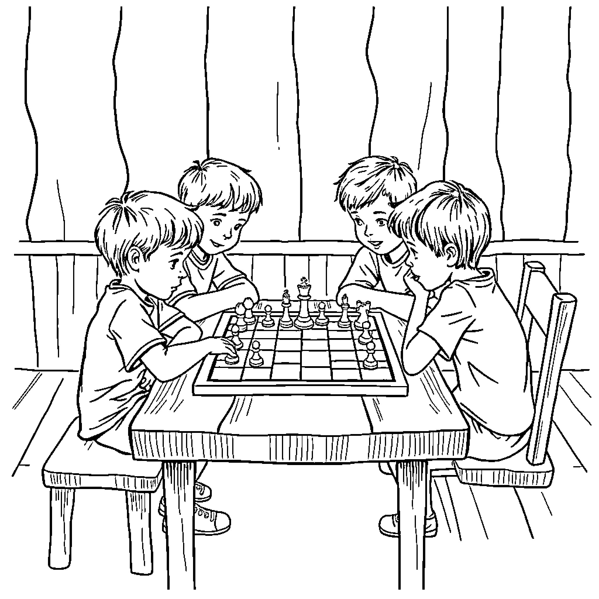 Siblings playing chess together Coloring Page (free black-and-white line drawing printable PDF for all, from beginners to advanced learners, including children, teens, adults, and seniors)