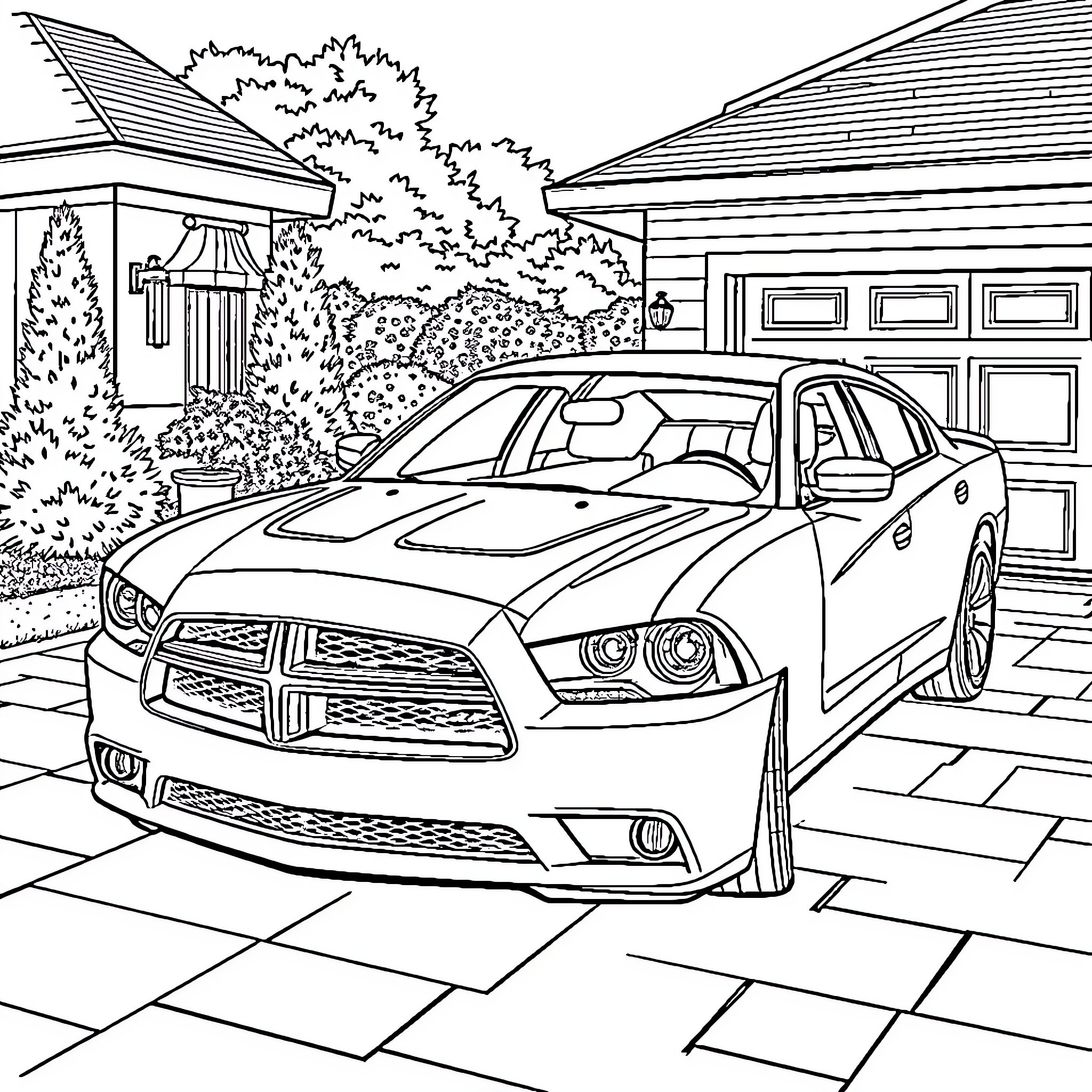 Dodge Charger parked in driveway with trees and buildings Coloring Page (free black-and-white line drawing printable PDF for all, from beginners to advanced learners, including children, teens, adults, and seniors)