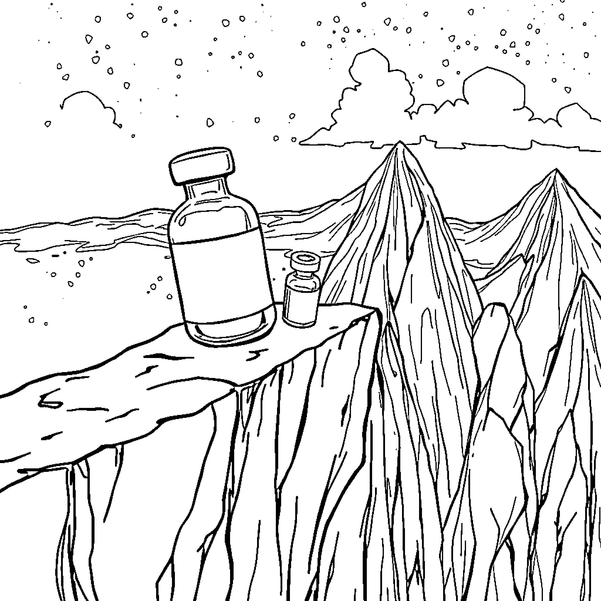 Vaccine Deployment in Snowy Mountain Landscape Coloring Page (free black-and-white line drawing printable PDF for all, from beginners to advanced learners, including children, teens, adults, and seniors)