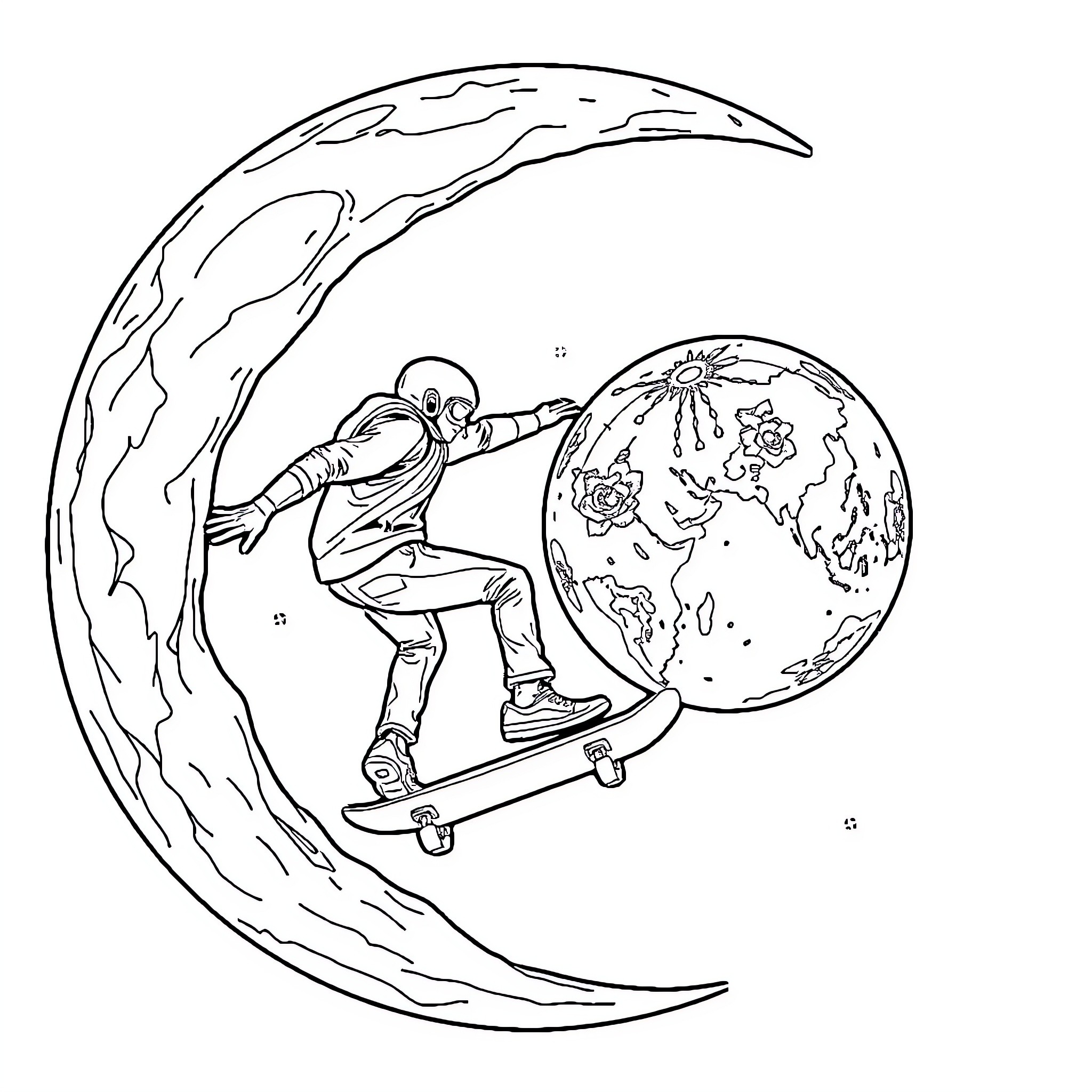 Skateboarding through the cosmic landscape Coloring Page (free black-and-white line drawing printable PDF for all, from beginners to advanced learners, including children, teens, adults, and seniors)