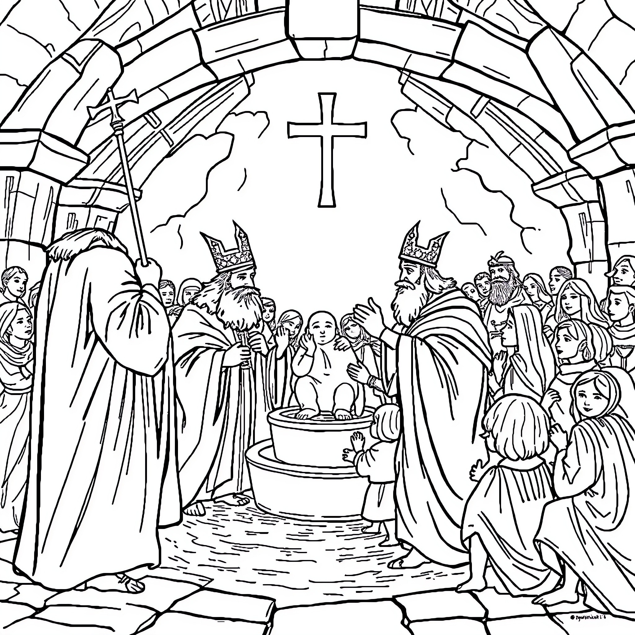 Clovis Leaders Conducting a Religious Ceremony Coloring Page (free black-and-white line drawing printable PDF for all, from beginners to advanced learners, including children, teens, adults, and seniors)