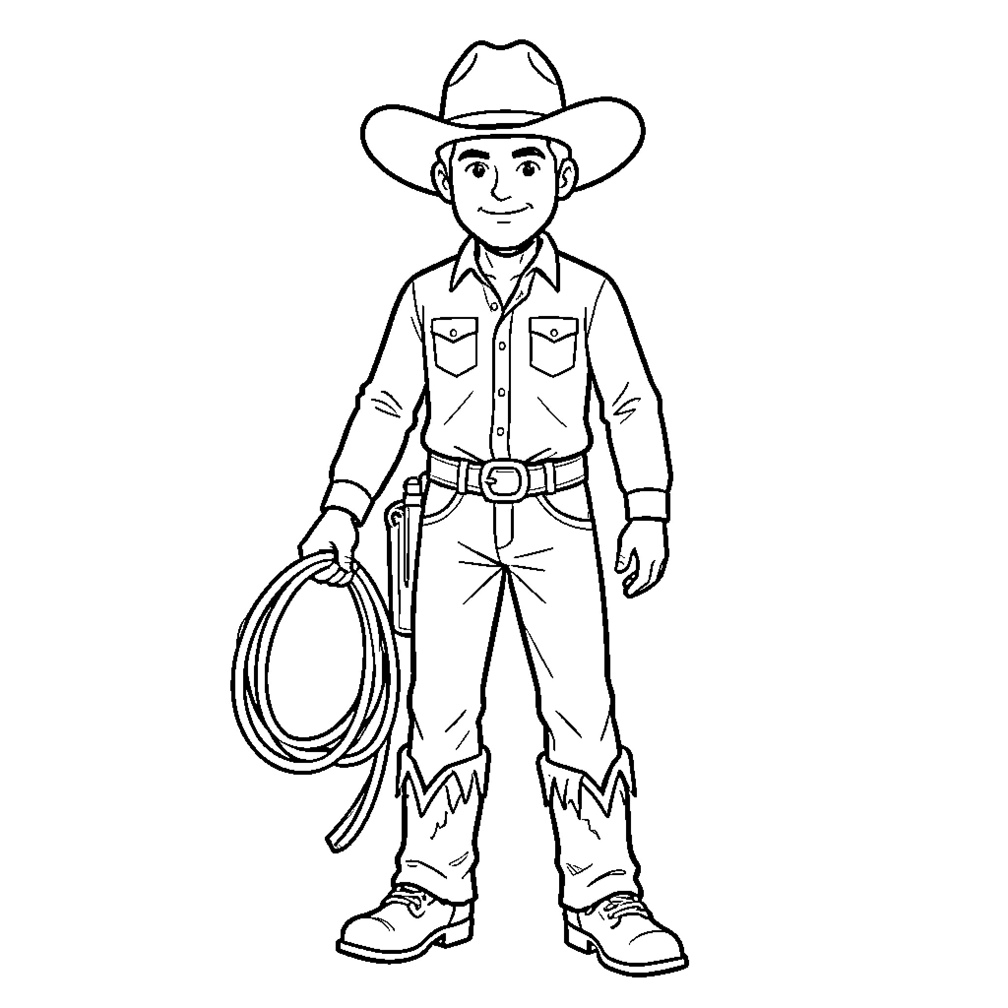 Cowboy standing proudly holding a coiled lasso Coloring Page (free black-and-white line drawing printable PDF for all, from beginners to advanced learners, including children, teens, adults, and seniors)
