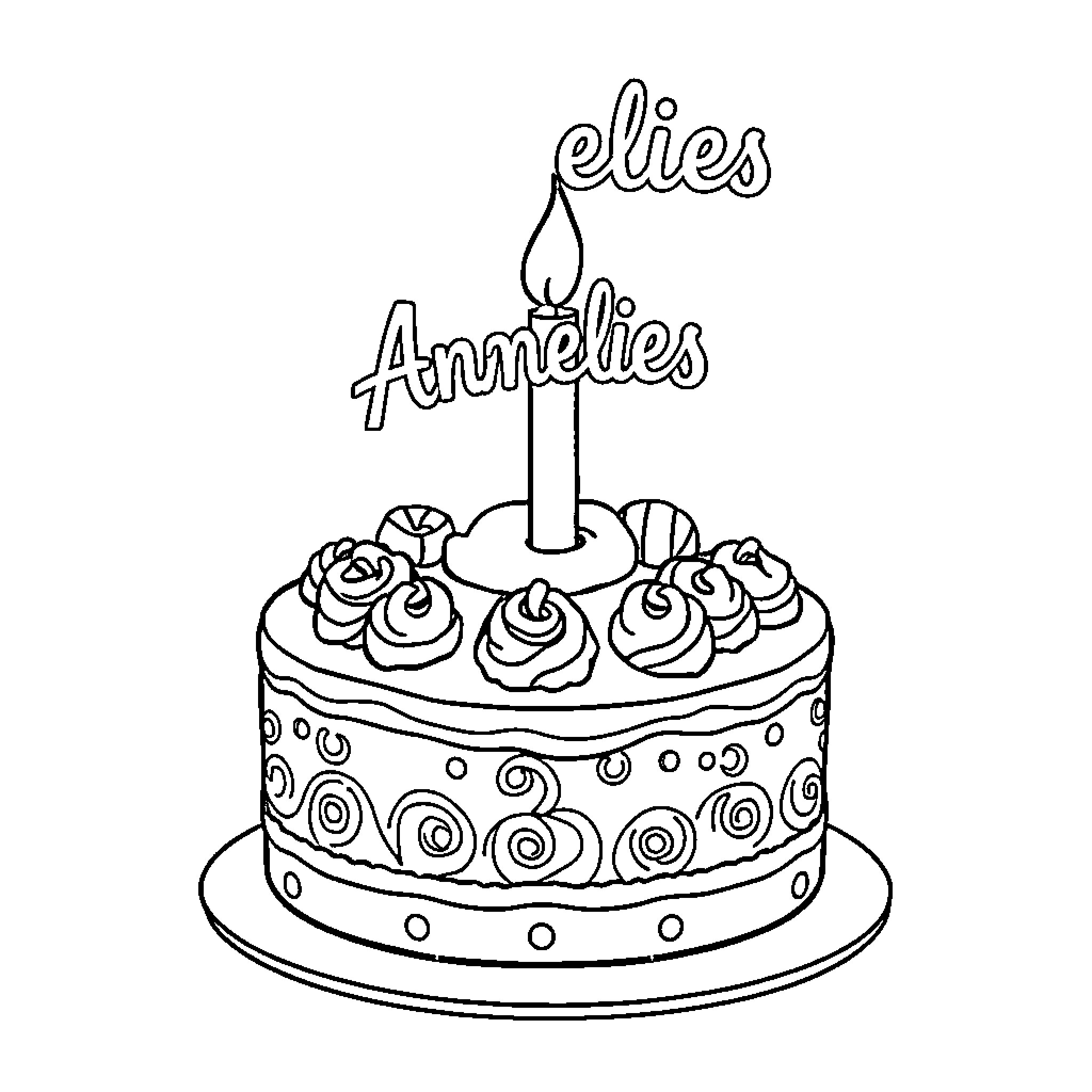 Birthday Cake with Decorative Designs and Candle Coloring Page (free black-and-white line drawing printable PDF for all, from beginners to advanced learners, including children, teens, adults, and seniors)