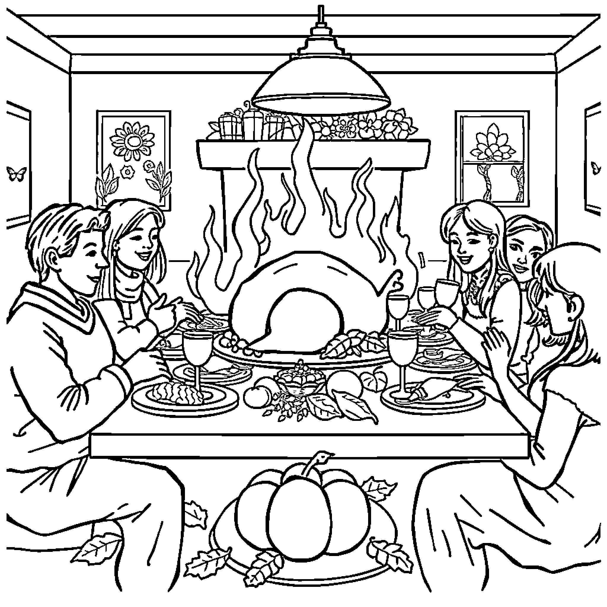 Thanksgiving family gathering around a festive table Coloring Page (free black-and-white line drawing printable PDF for all, from beginners to advanced learners, including children, teens, adults, and seniors)