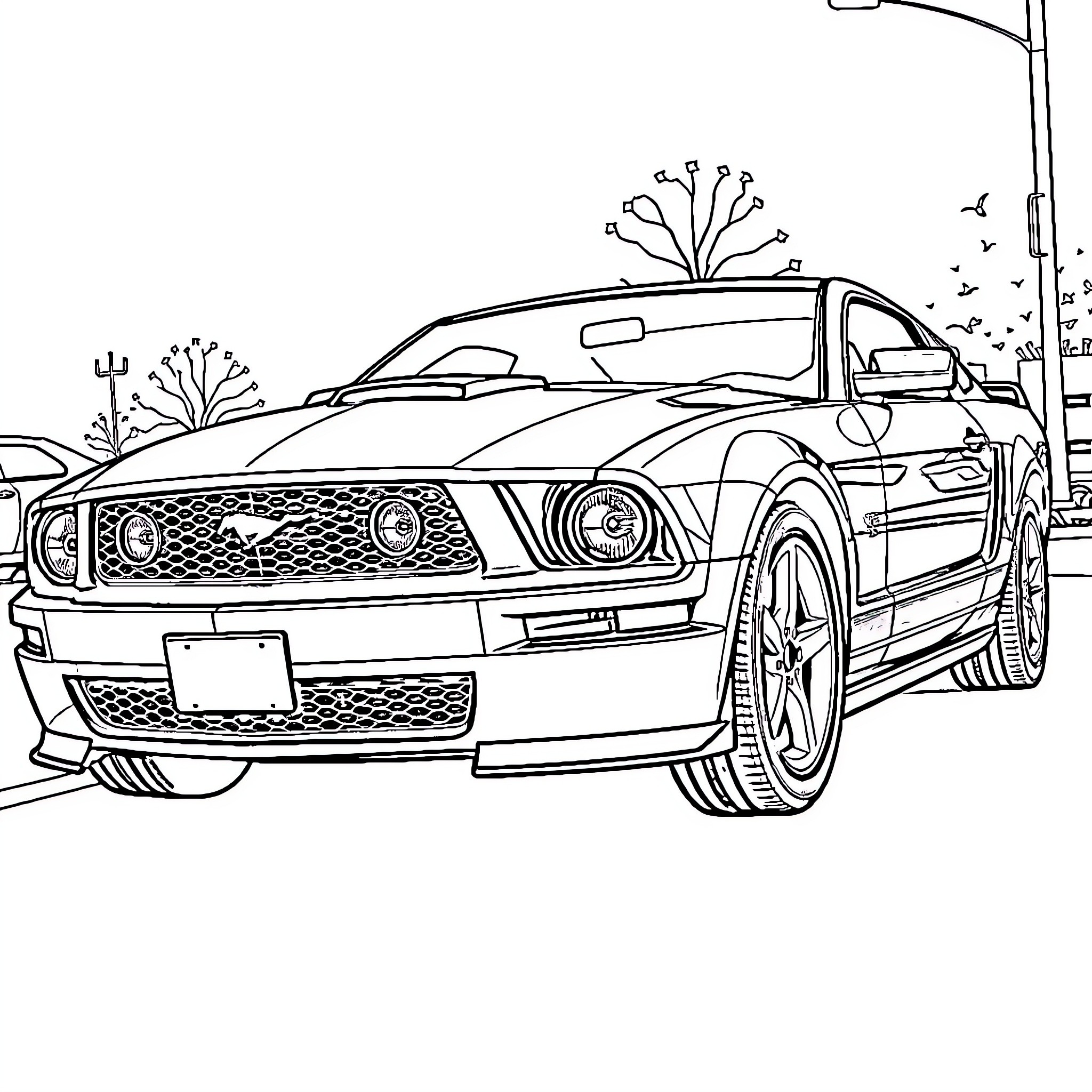 Ford Mustang sports car in urban setting Coloring Page (free black-and-white line drawing printable PDF for all, from beginners to advanced learners, including children, teens, adults, and seniors)