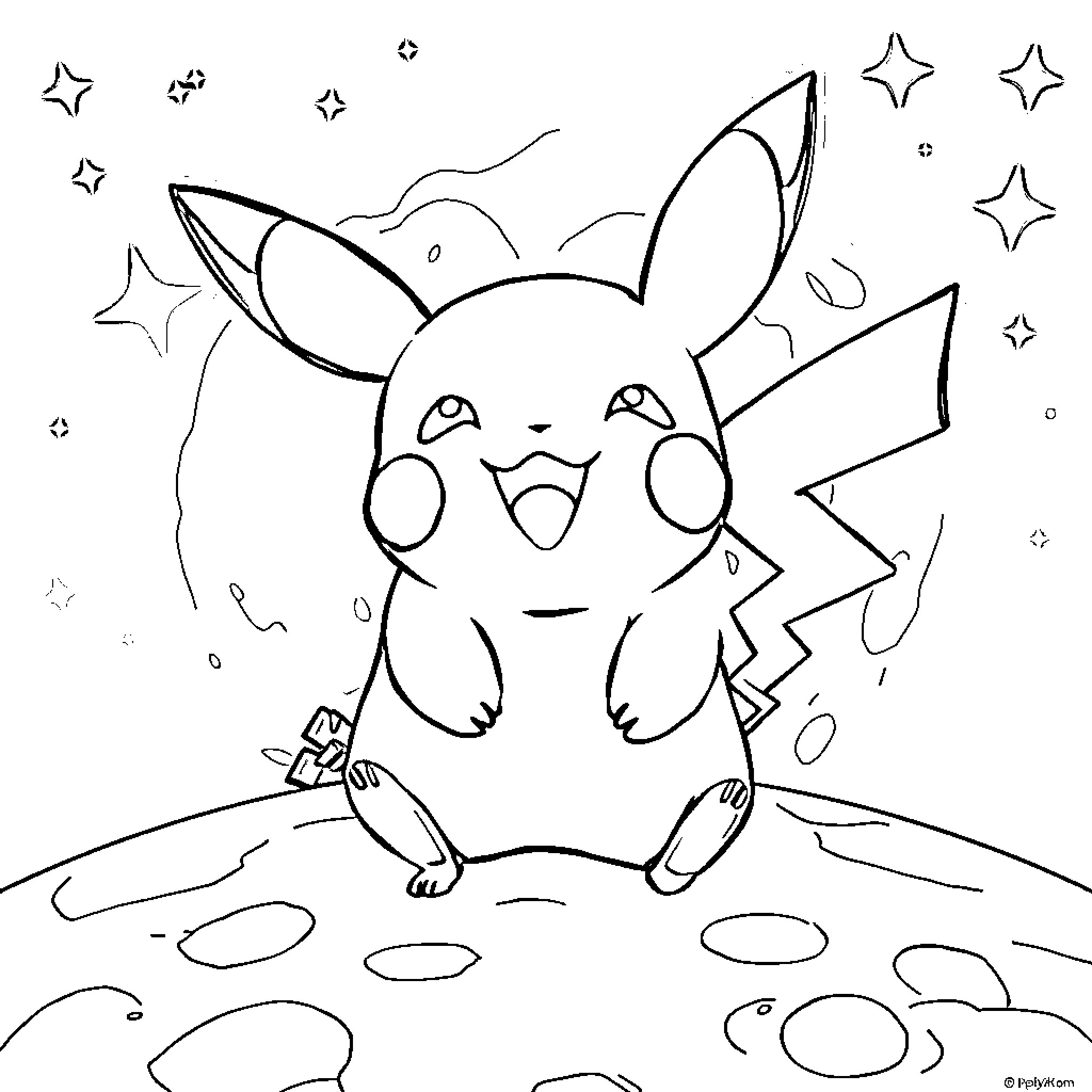 Pikachu joyfully playing among the stars Coloring Page (free black-and-white line drawing printable PDF for all, from beginners to advanced learners, including children, teens, adults, and seniors)