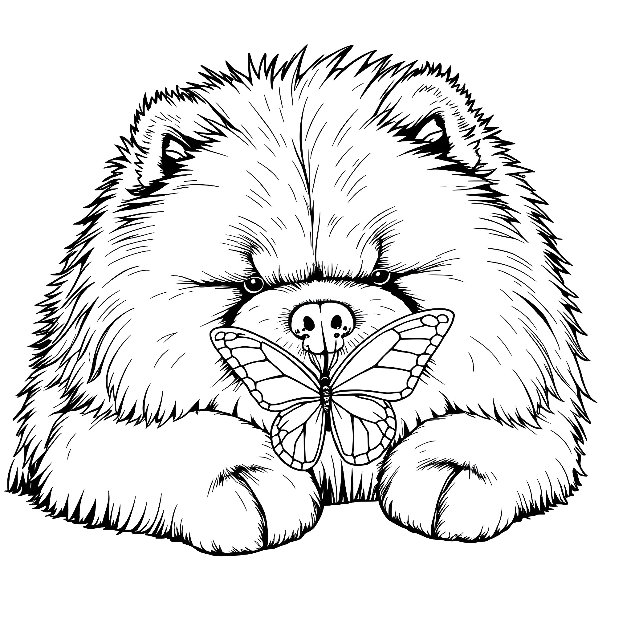 Chow Chow Playing with Butterfly Coloring Page (free black-and-white line drawing printable PDF for all, from beginners to advanced learners, including children, teens, adults, and seniors)