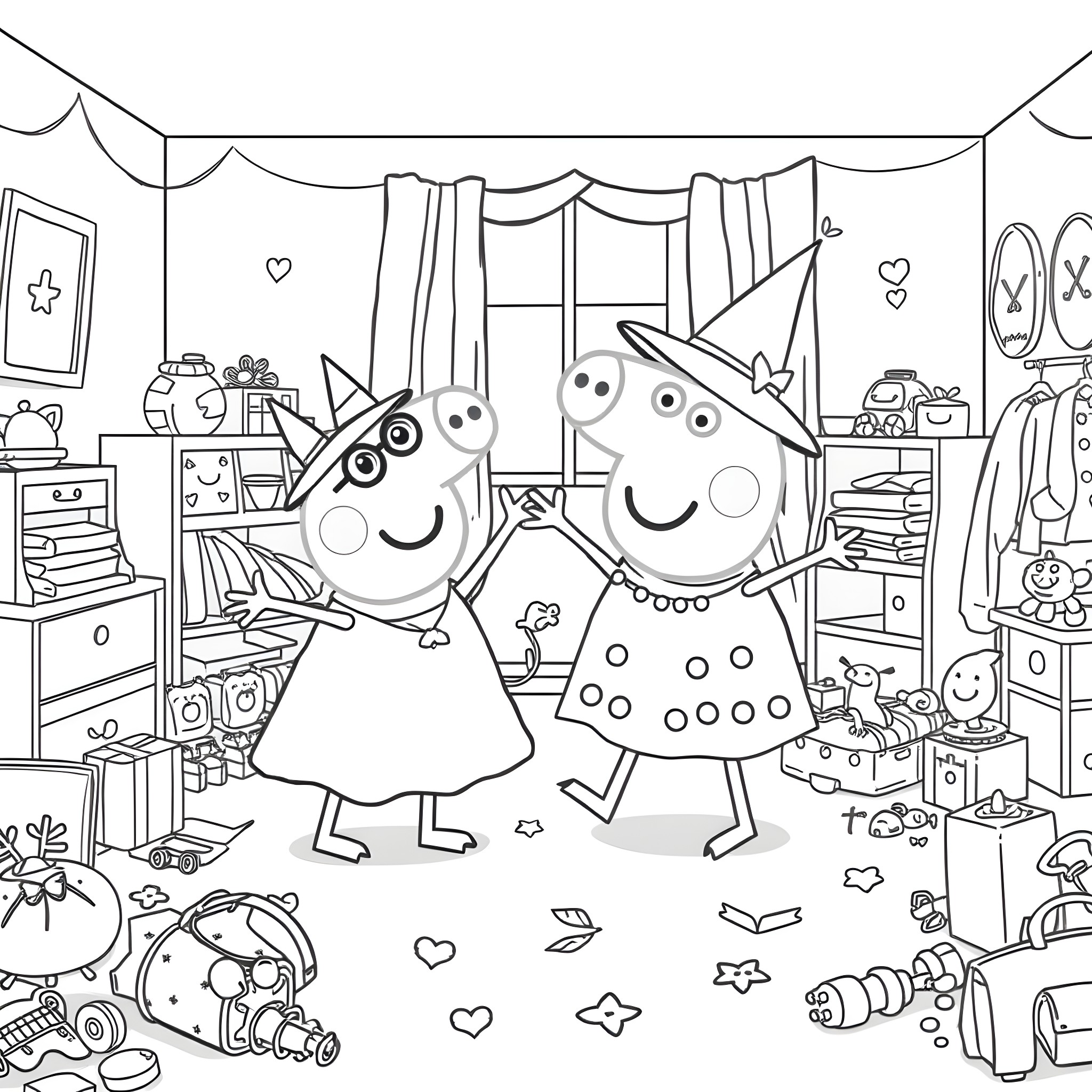 Peppa Pig and friends play dress-up in their room Coloring Page (free black-and-white line drawing printable PDF for all, from beginners to advanced learners, including children, teens, adults, and seniors)