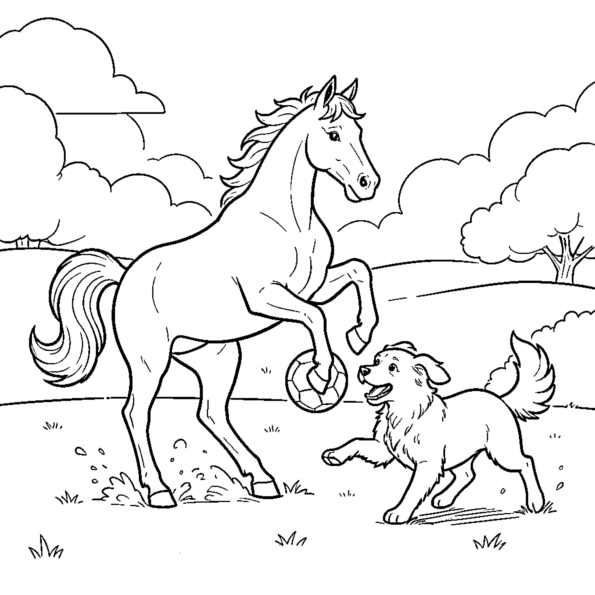 Horse and Dog Playing in the Countryside Coloring Page (free black-and-white line drawing printable PDF for all, from beginners to advanced learners, including children, teens, adults, and seniors)