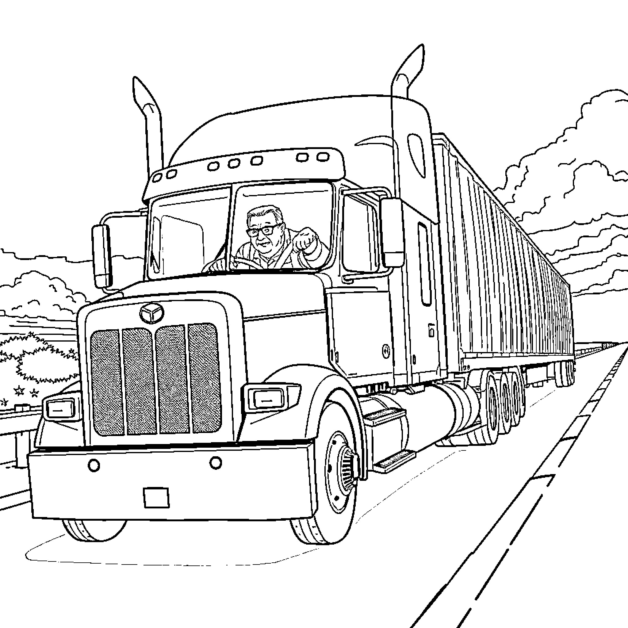 Old Man Driving Large Cargo Truck on the Highway Coloring Page (free black-and-white line drawing printable PDF for all, from beginners to advanced learners, including children, teens, adults, and seniors)
